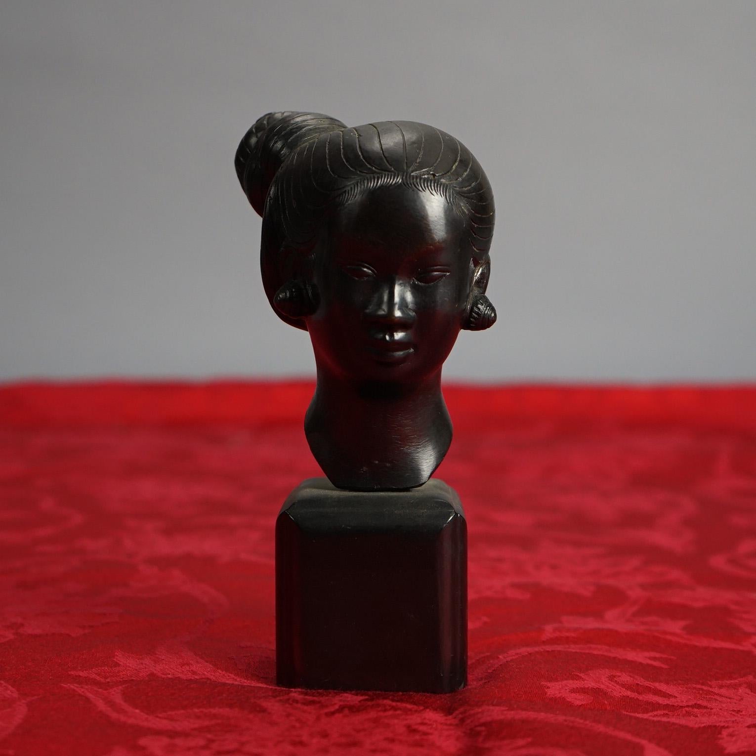 Japanese Cast Bronze Portrait Bust Sculpture of a Young WomanC1920 In Good Condition For Sale In Big Flats, NY
