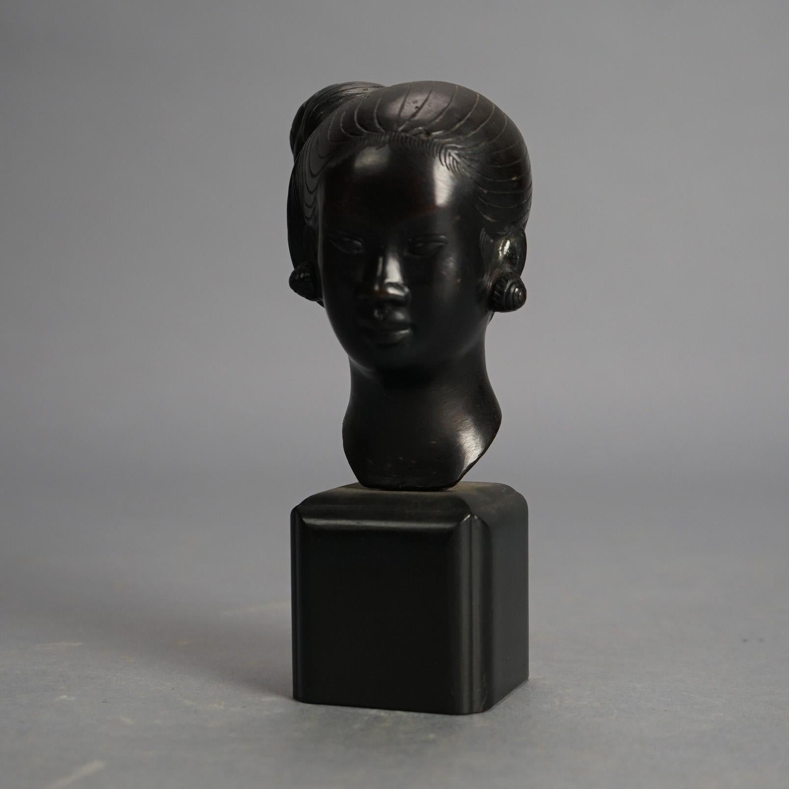 Japanese Cast Bronze Portrait Bust Sculpture of a Young WomanC1920 For Sale 1