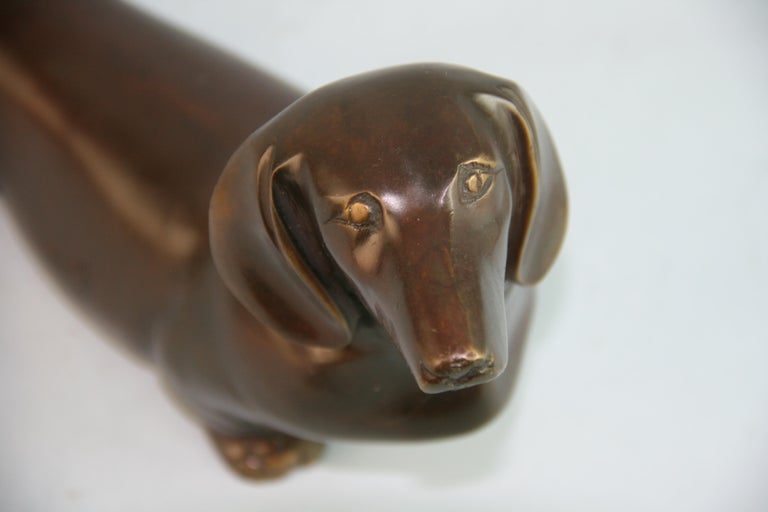 Japanese Cast bronze sculpture of a Dachshund Dog In Good Condition For Sale In Douglas Manor, NY
