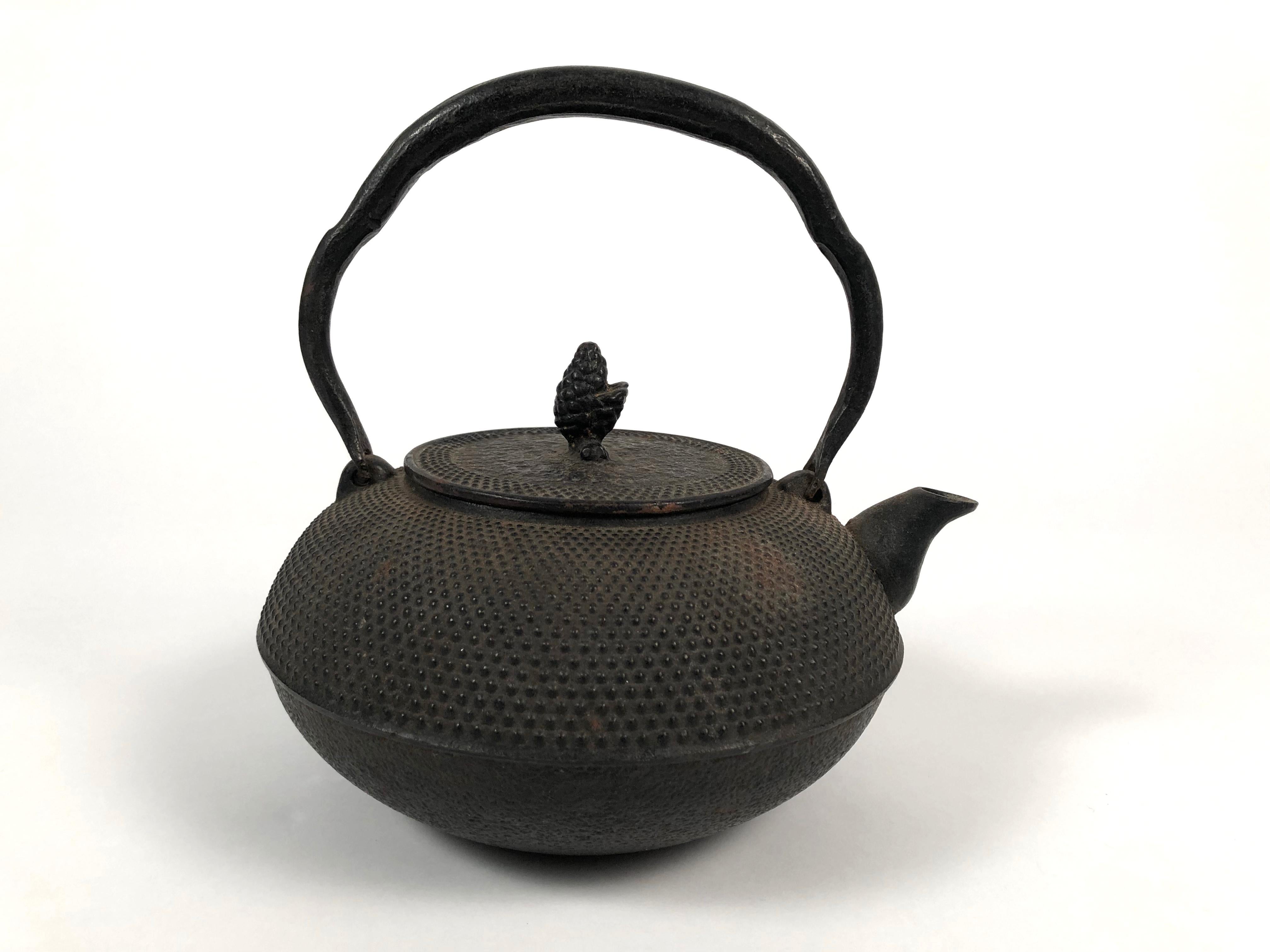 An early Showa period Japanese cast iron (Nanbu Tekki) tea pot, of oval form with raised bump decoration, and an elegantly curved handle and pinecone knob on lid. Signed with embossed signature under spout.