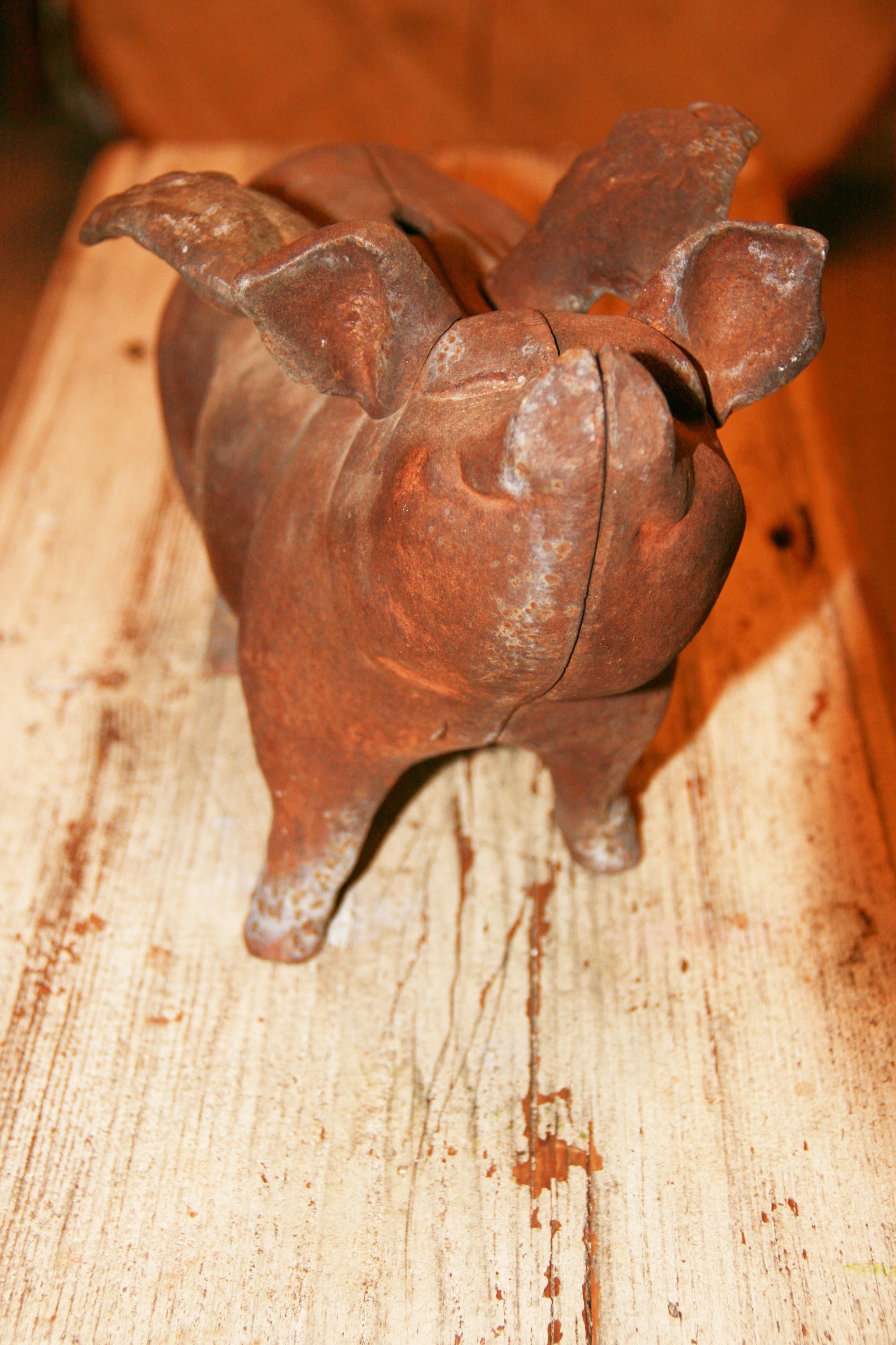 Japanese Cast Iron Pig with Wings Sculpture/Piggy Bank/Garden Ornament/Door Stop In Good Condition In Douglas Manor, NY