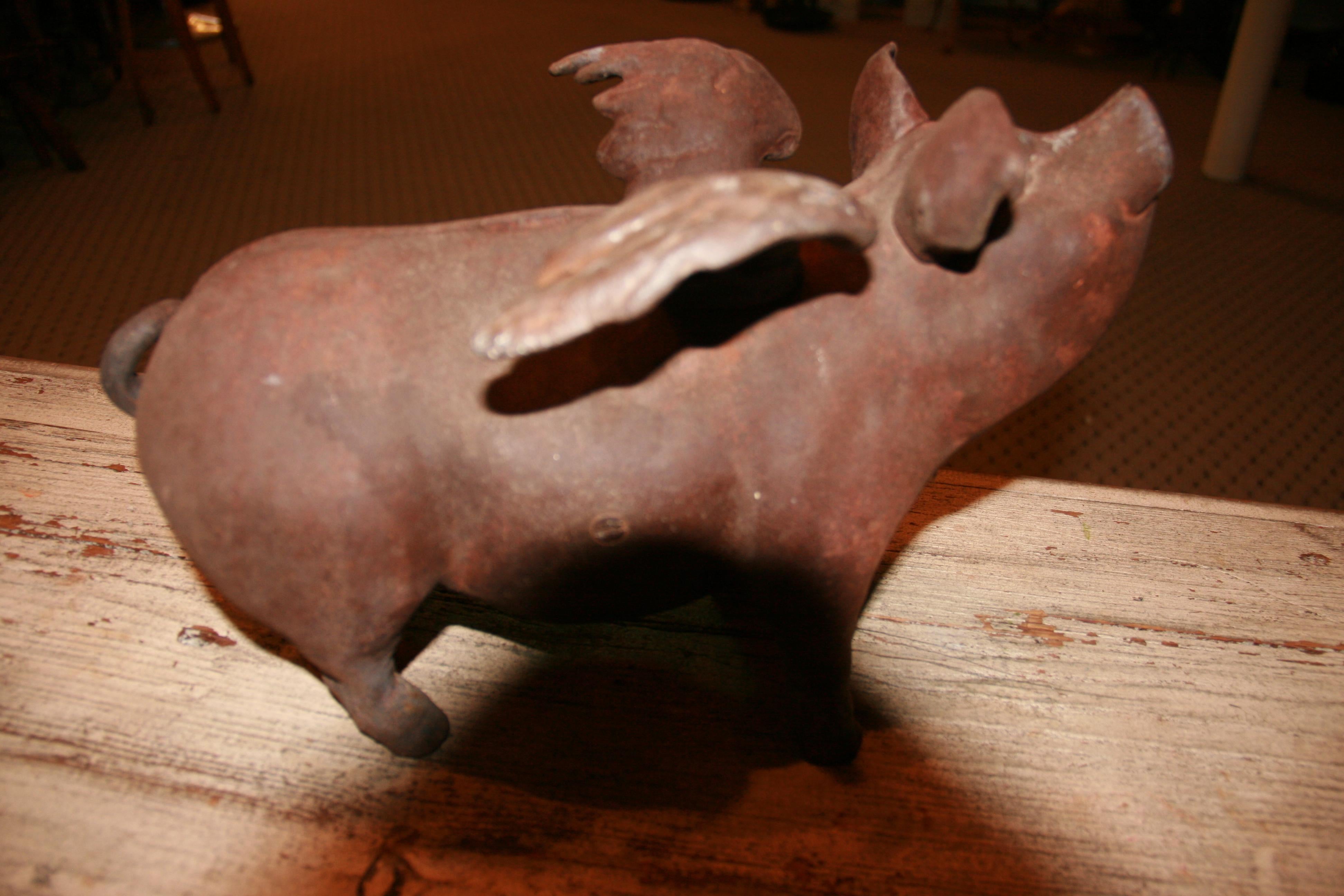 Late 20th Century Japanese Cast Iron Pig with Wings Sculpture/Piggy Bank/Garden Ornament/Door Stop