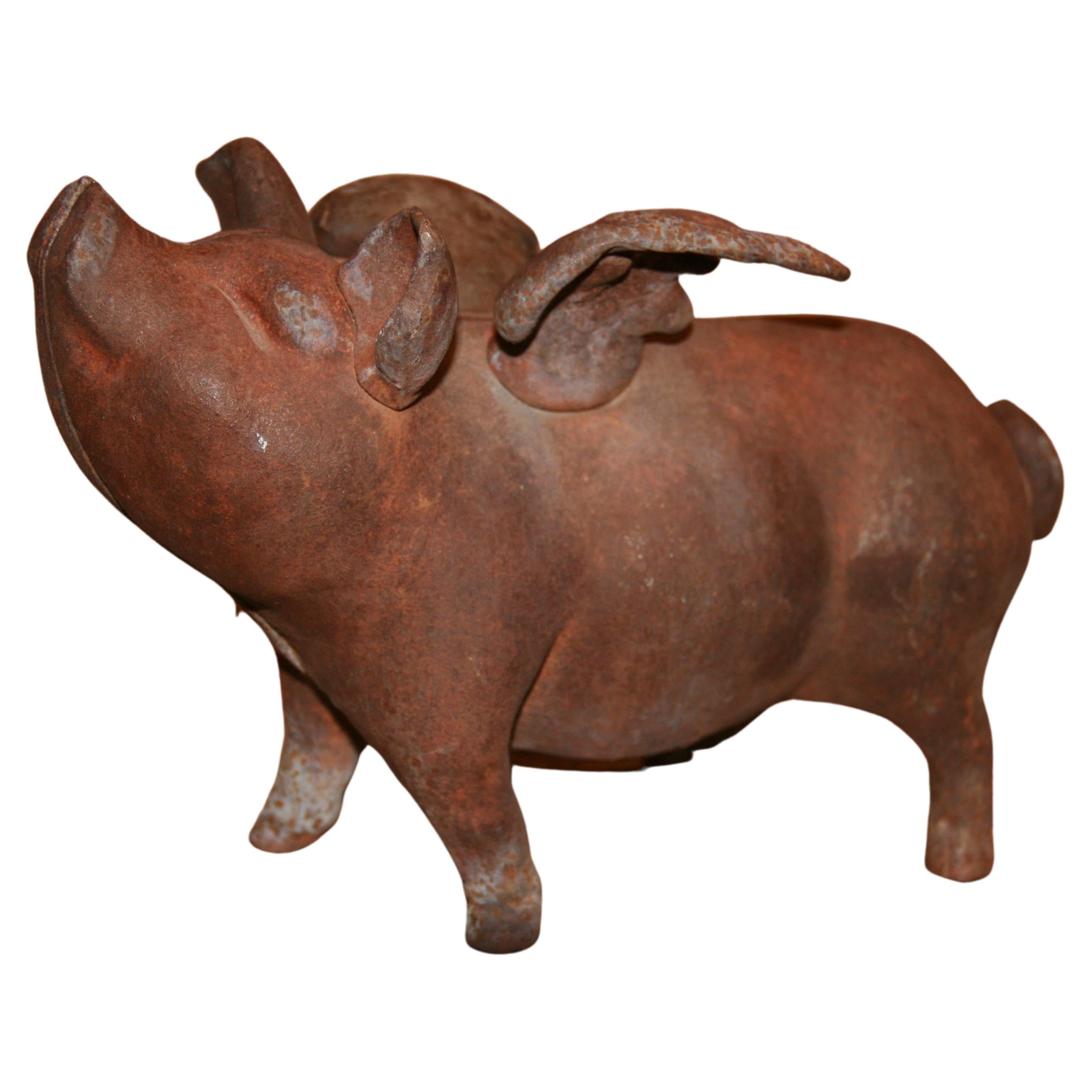 Japanese Cast Iron Pig with Wings Sculpture/Piggy Bank/Garden Ornament/Door Stop
