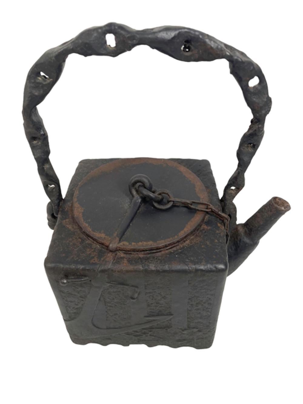 Folk Art Japanese Cast Iron Tea Pot (Tetsubin) of Square Form with Anchor & Sword, Signed For Sale