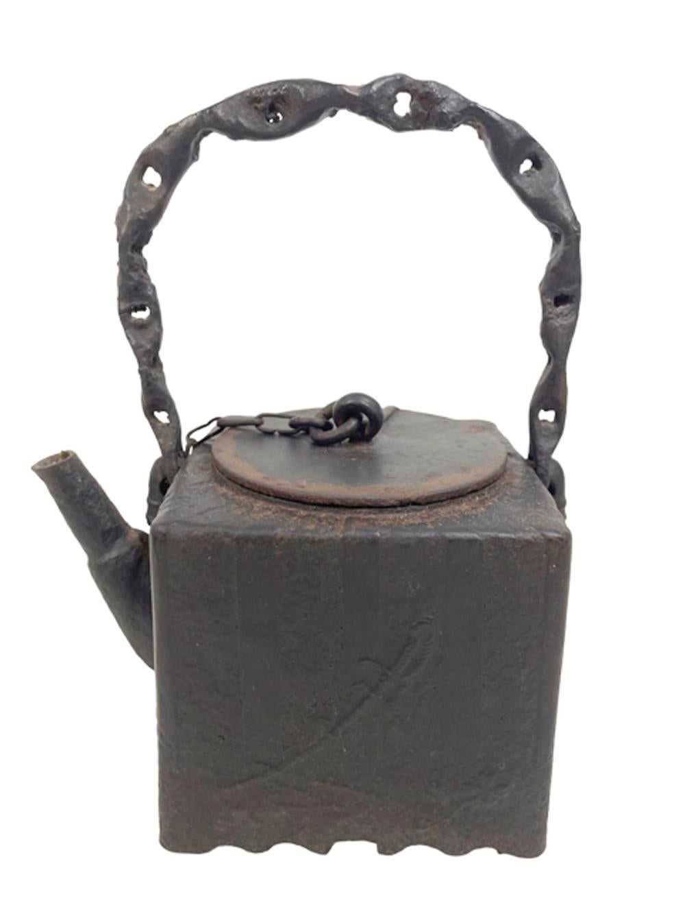 19th Century Japanese Cast Iron Tea Pot (Tetsubin) of Square Form with Anchor & Sword, Signed For Sale