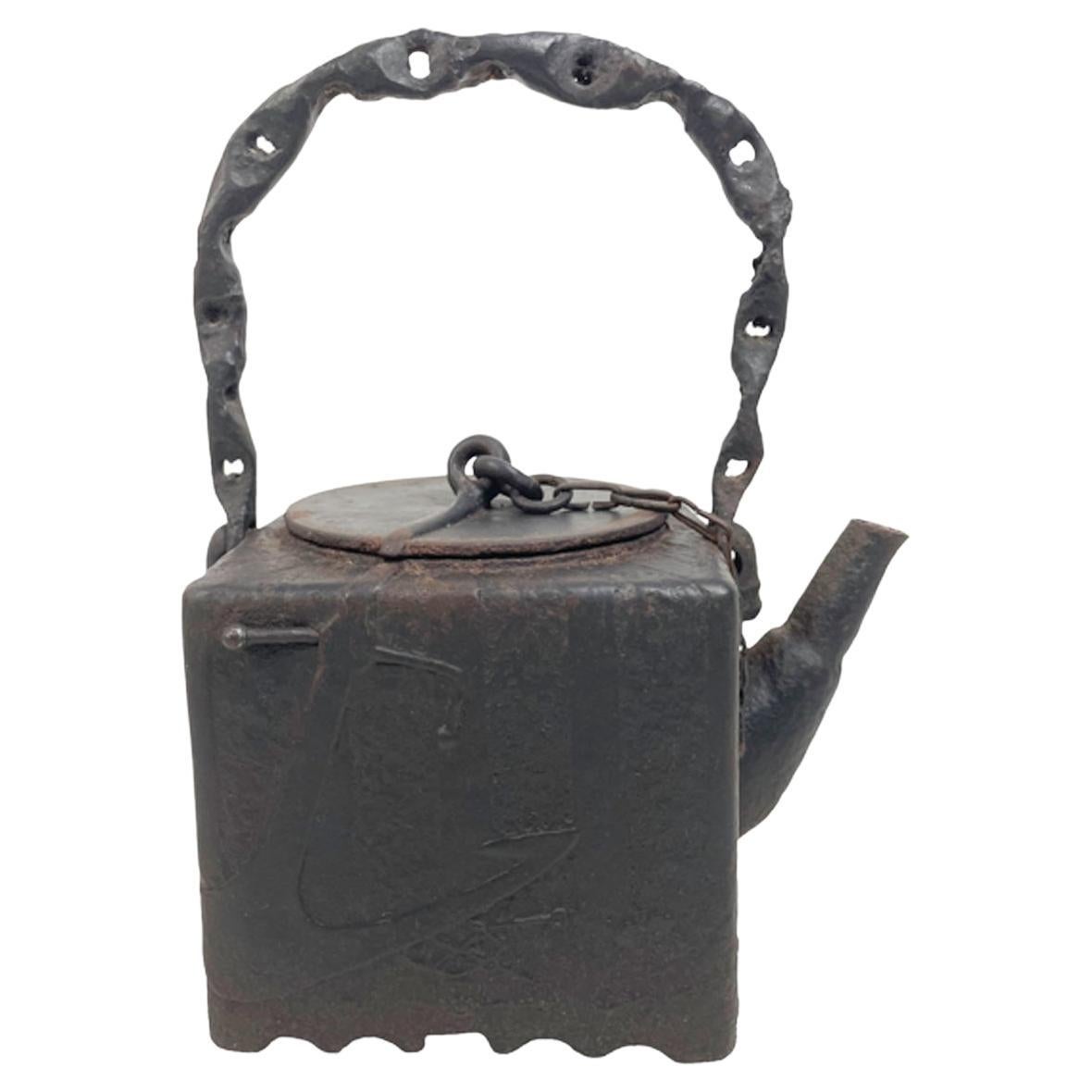 Japanese Cast Iron Tea Pot (Tetsubin) of Square Form with Anchor & Sword, Signed For Sale