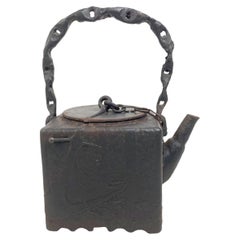 Japanese Cast Iron Tea Pot (Tetsubin) of Square Form with Anchor & Sword, Signed