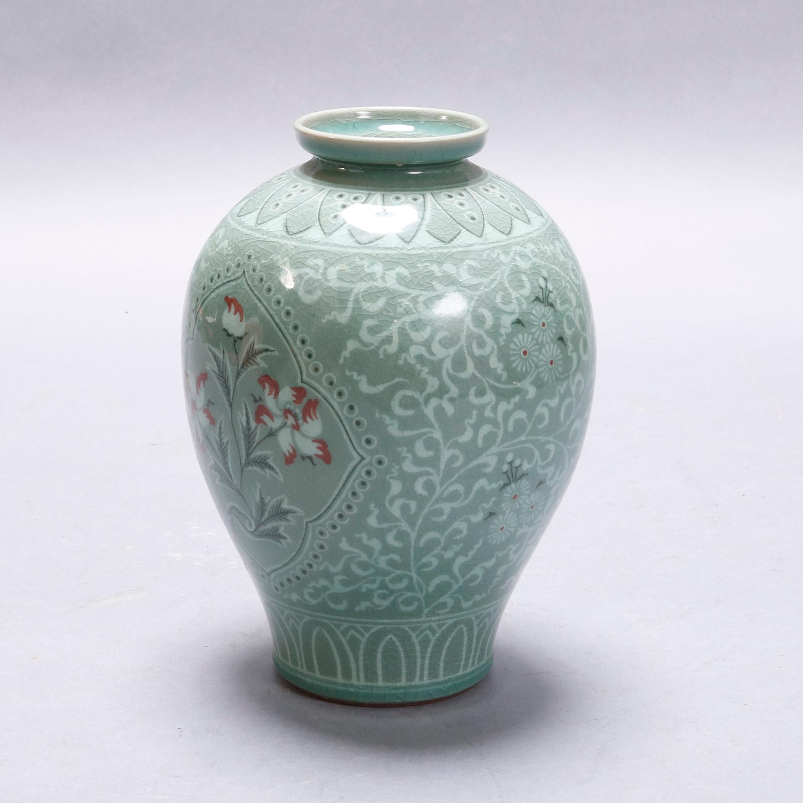 Hand-Painted Japanese Celadon Foliate & Floral Decorated Porcelain Signed Vase, 20th Century
