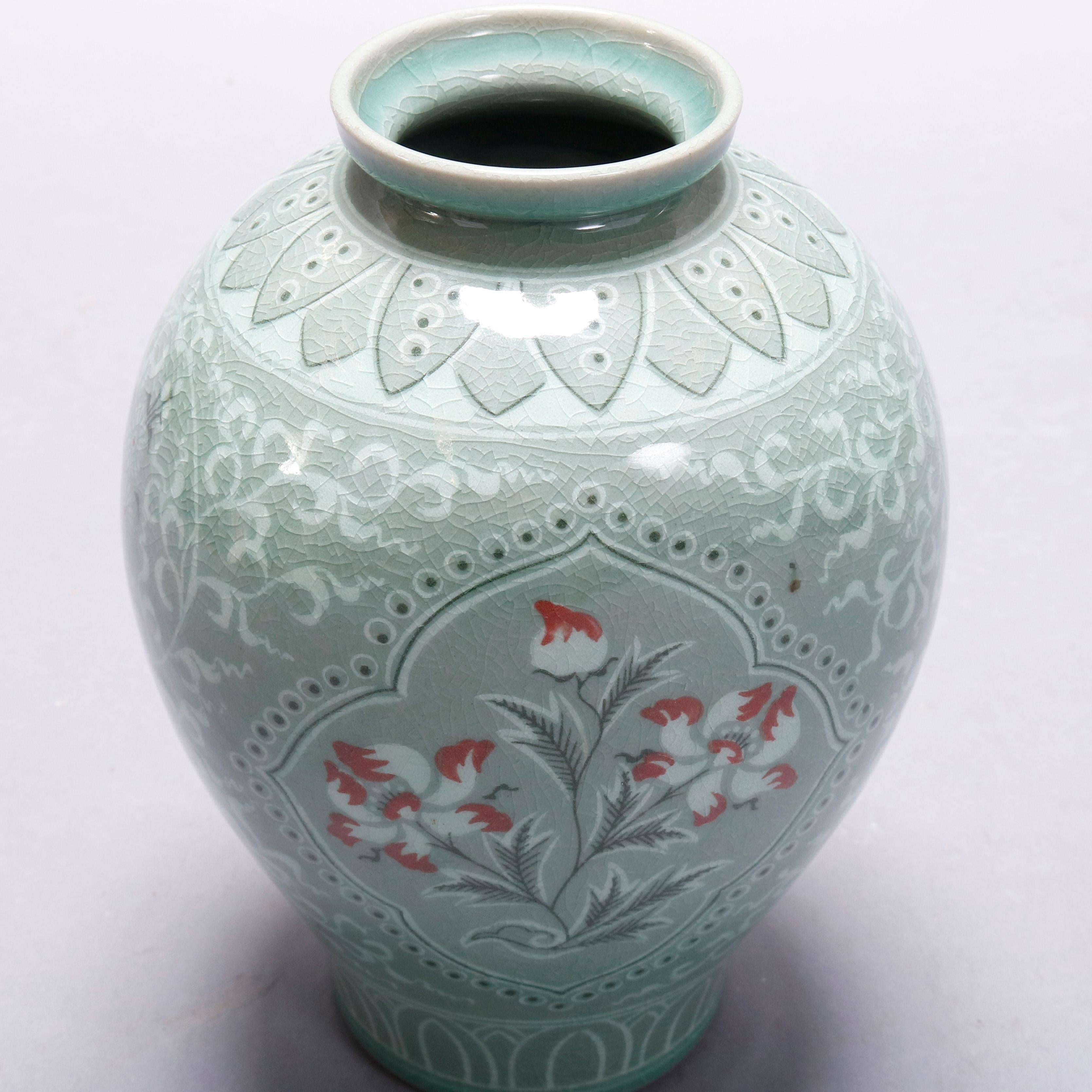Japanese Celadon Foliate & Floral Decorated Porcelain Signed Vase, 20th Century In Good Condition In Big Flats, NY