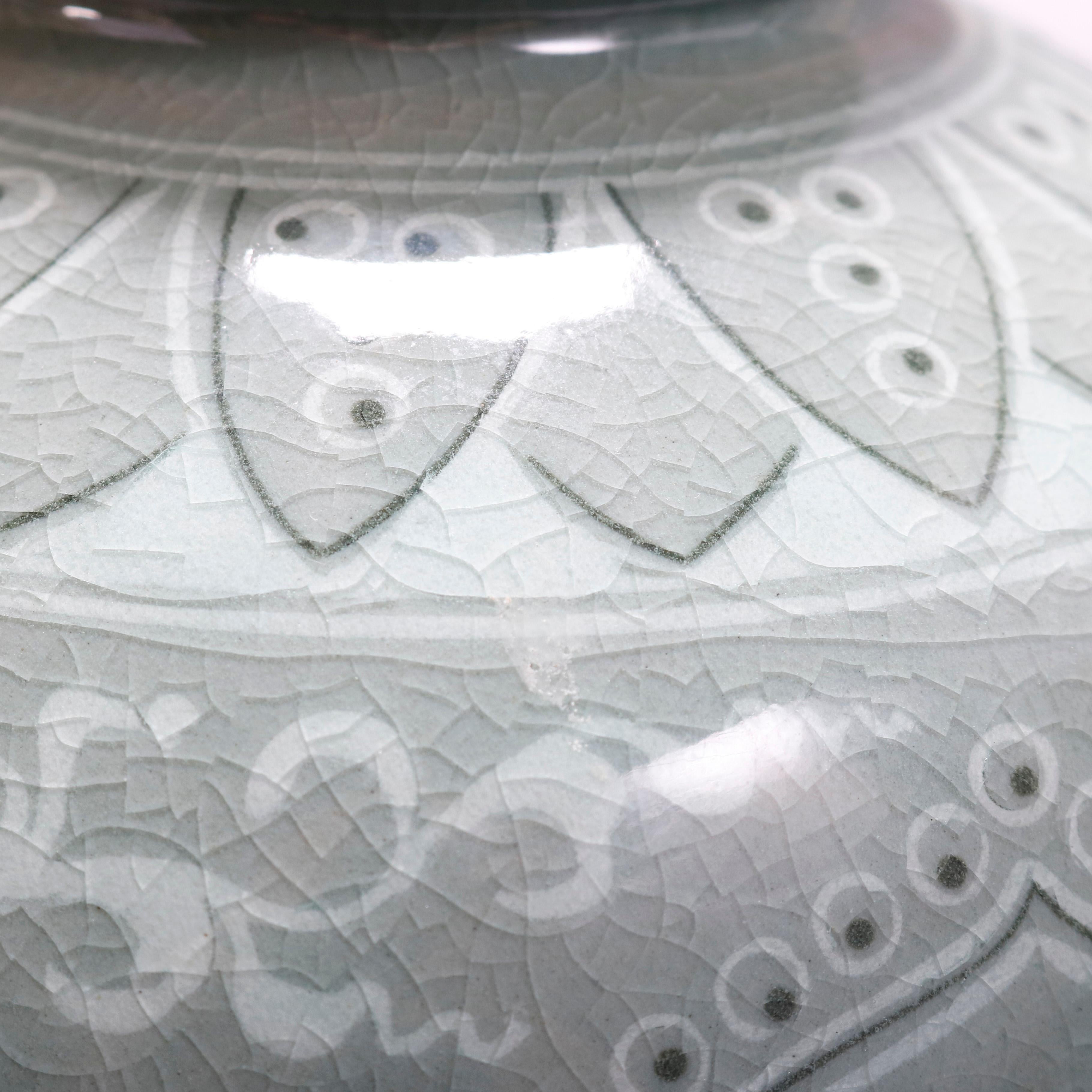 Japanese Celadon Foliate & Floral Decorated Porcelain Signed Vase, 20th Century 1