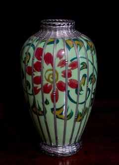 Japanese Celdadon Glaze Silver Overlay Vase