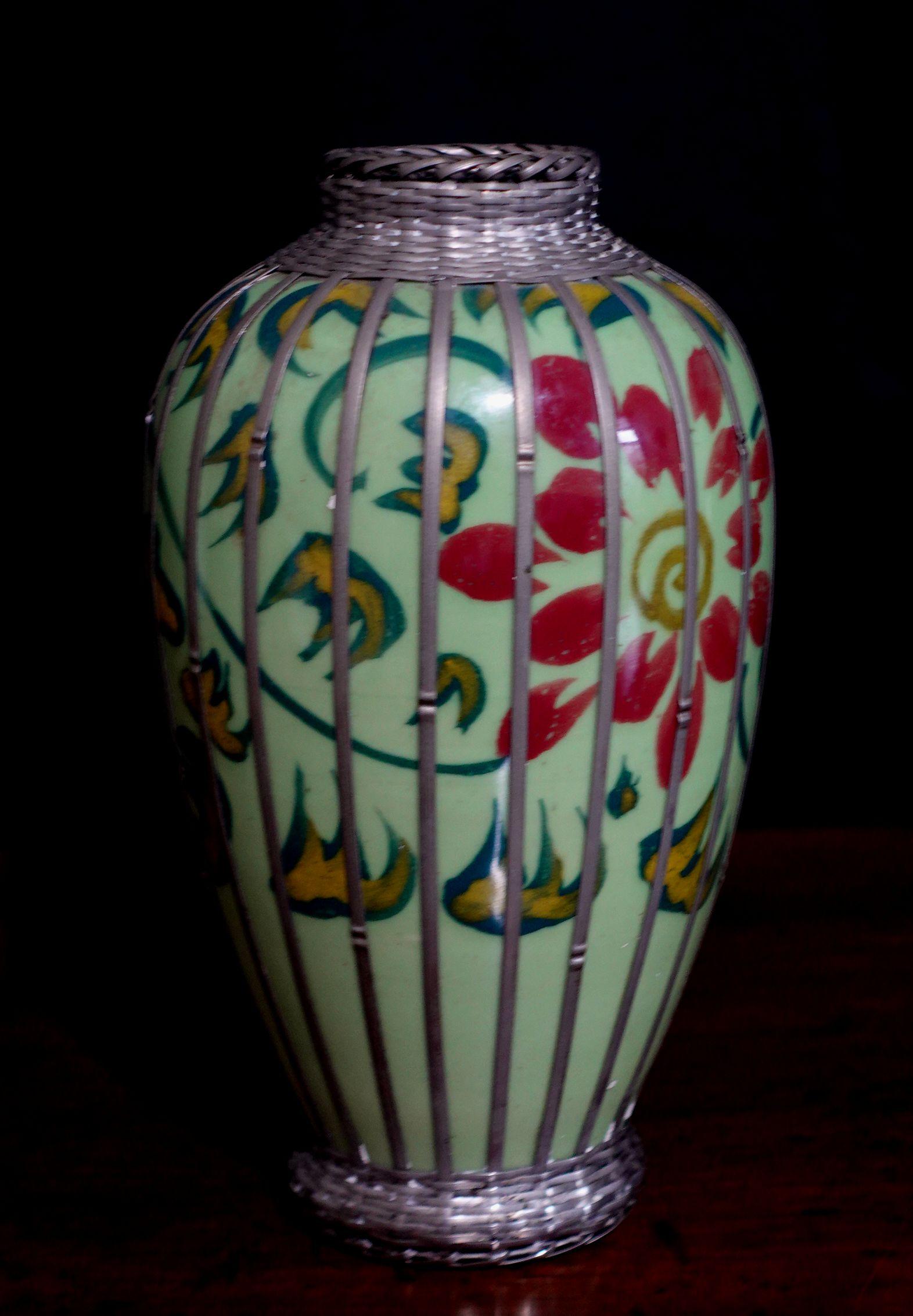 Hand-Painted Japanese Celdadon Glaze Silver Overlay Vase For Sale