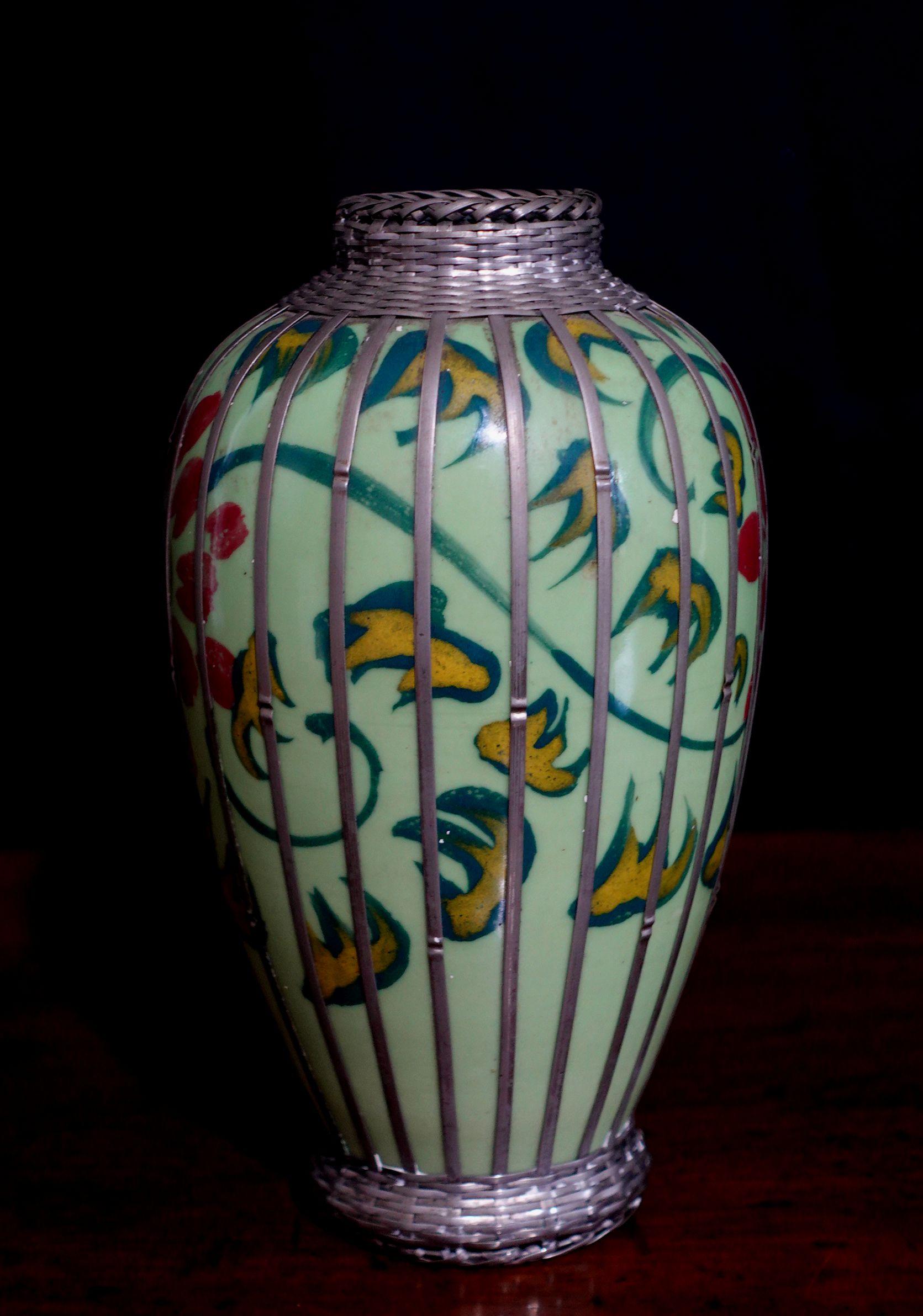 Japanese Celdadon Glaze Silver Overlay Vase In Good Condition For Sale In Norton, MA
