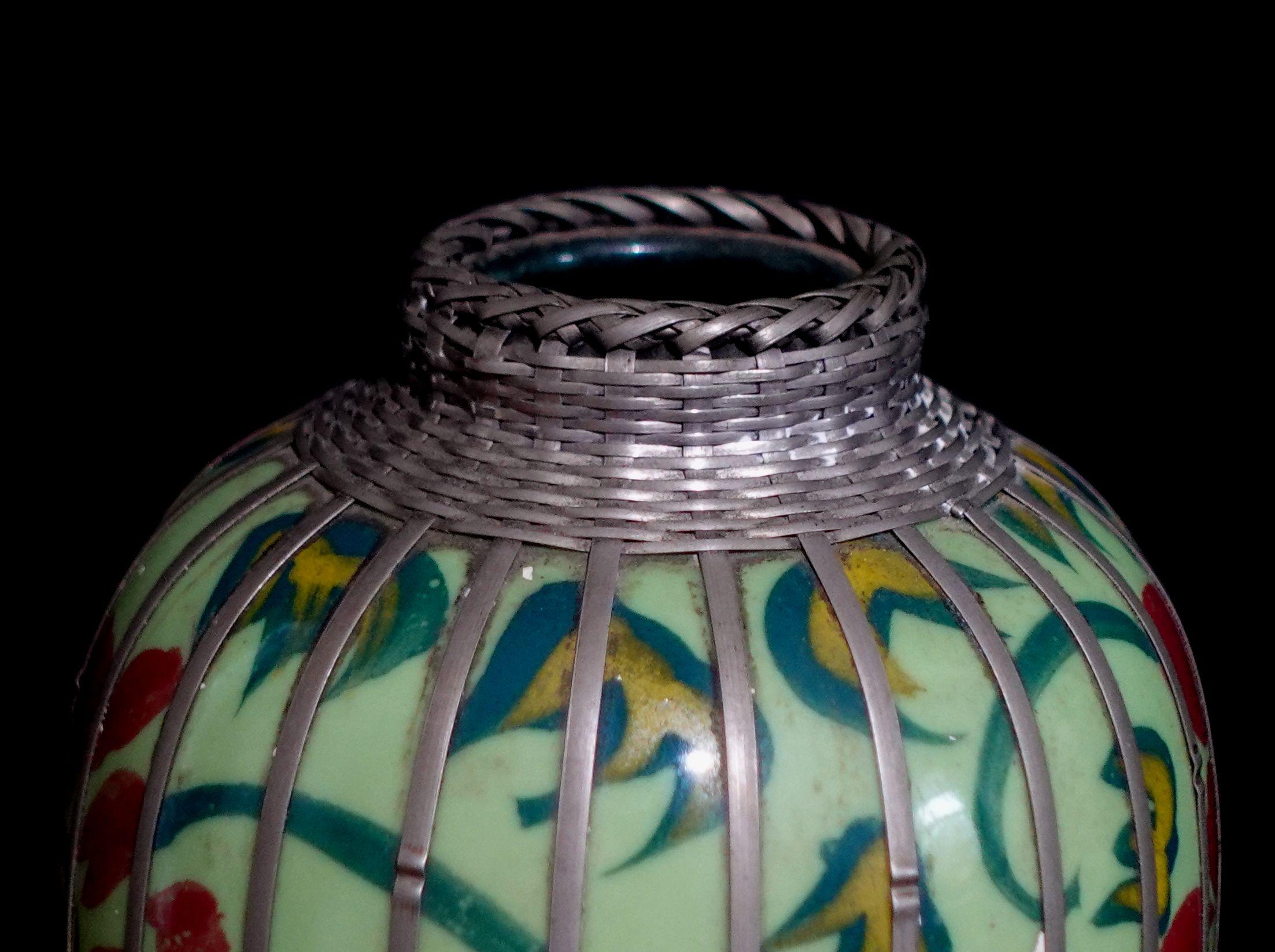 20th Century Japanese Celdadon Glaze Silver Overlay Vase For Sale