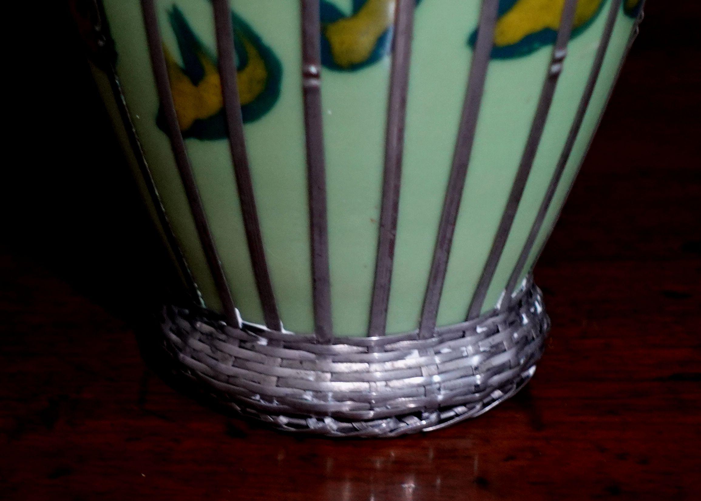 Japanese Celdadon Glaze Silver Overlay Vase For Sale 1