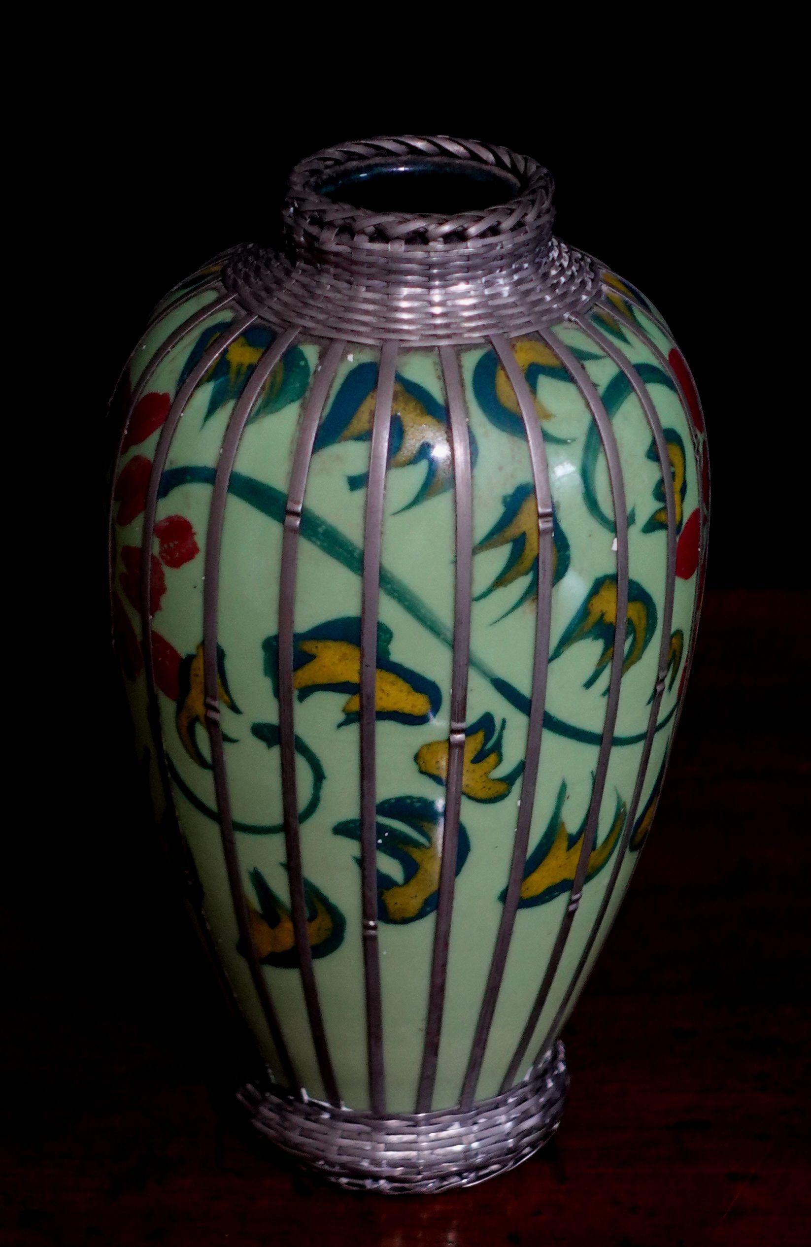 Japanese Celdadon Glaze Silver Overlay Vase For Sale 2