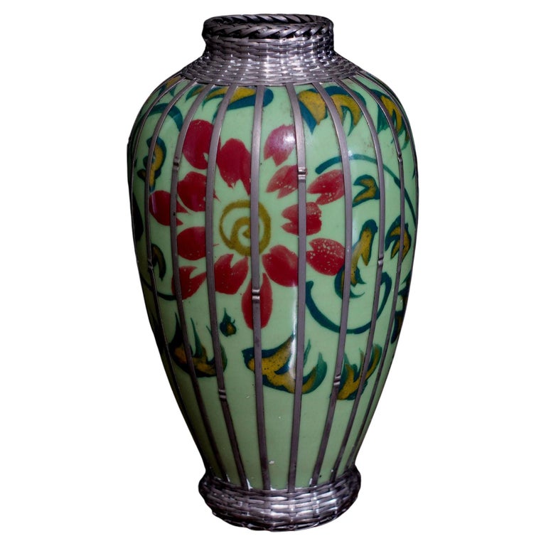 Japanese Celdadon Glaze Silver Overlay Vase For Sale at 1stDibs