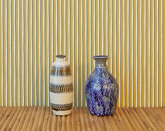 Japanese Ceramic Bottle Vase / Sake Flask with Blue Decoration, Japan, 2016