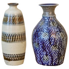 Japanese Ceramic Bottle Vase / Sake Flask with Blue Decoration, Japan, 2016