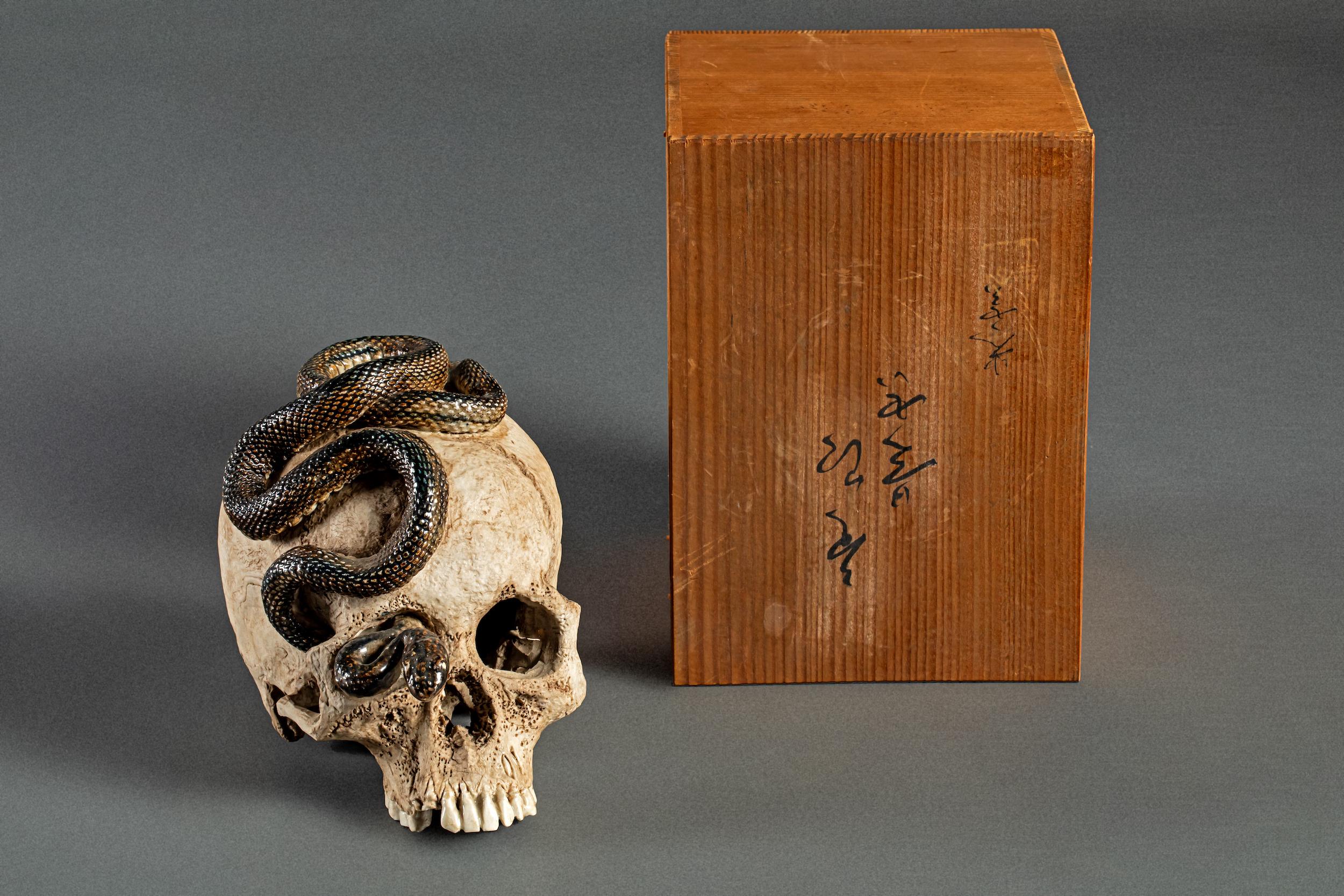 Japanese Ceramic Form of a Human Skull with a Snake For Sale 10