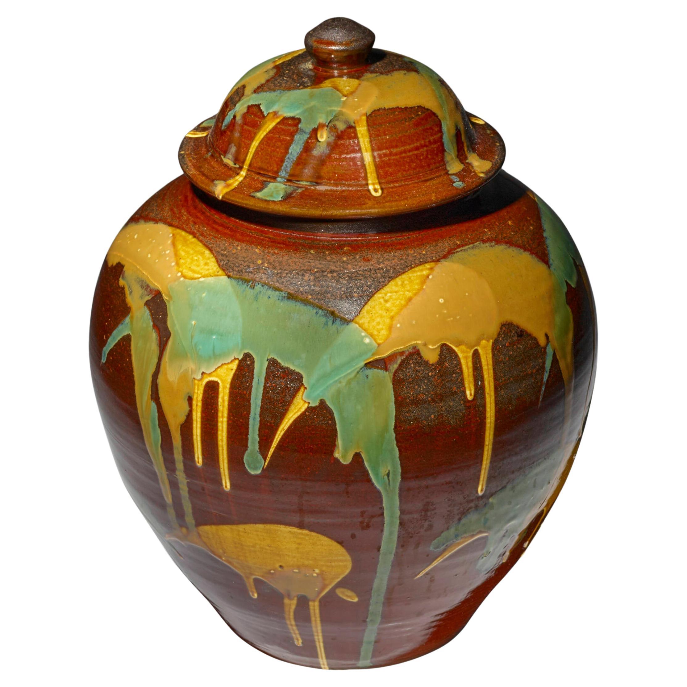 Organic Modern Japanese Ceramic Jar with Expressive Glaze Onda Yaki For Sale