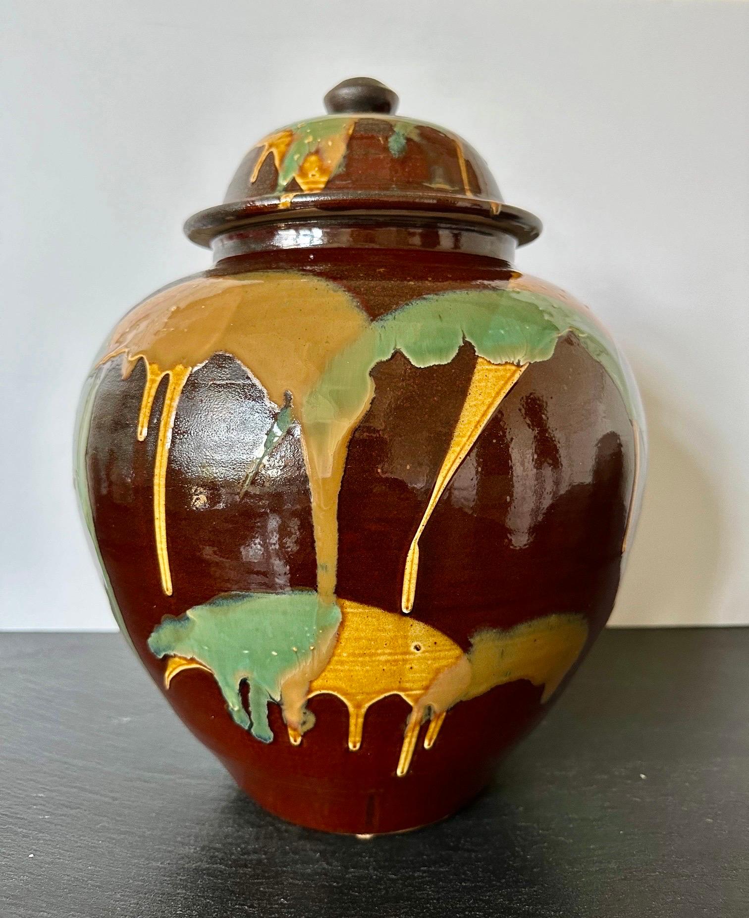 Contemporary Japanese Ceramic Jar with Expressive Glaze Onda Yaki For Sale