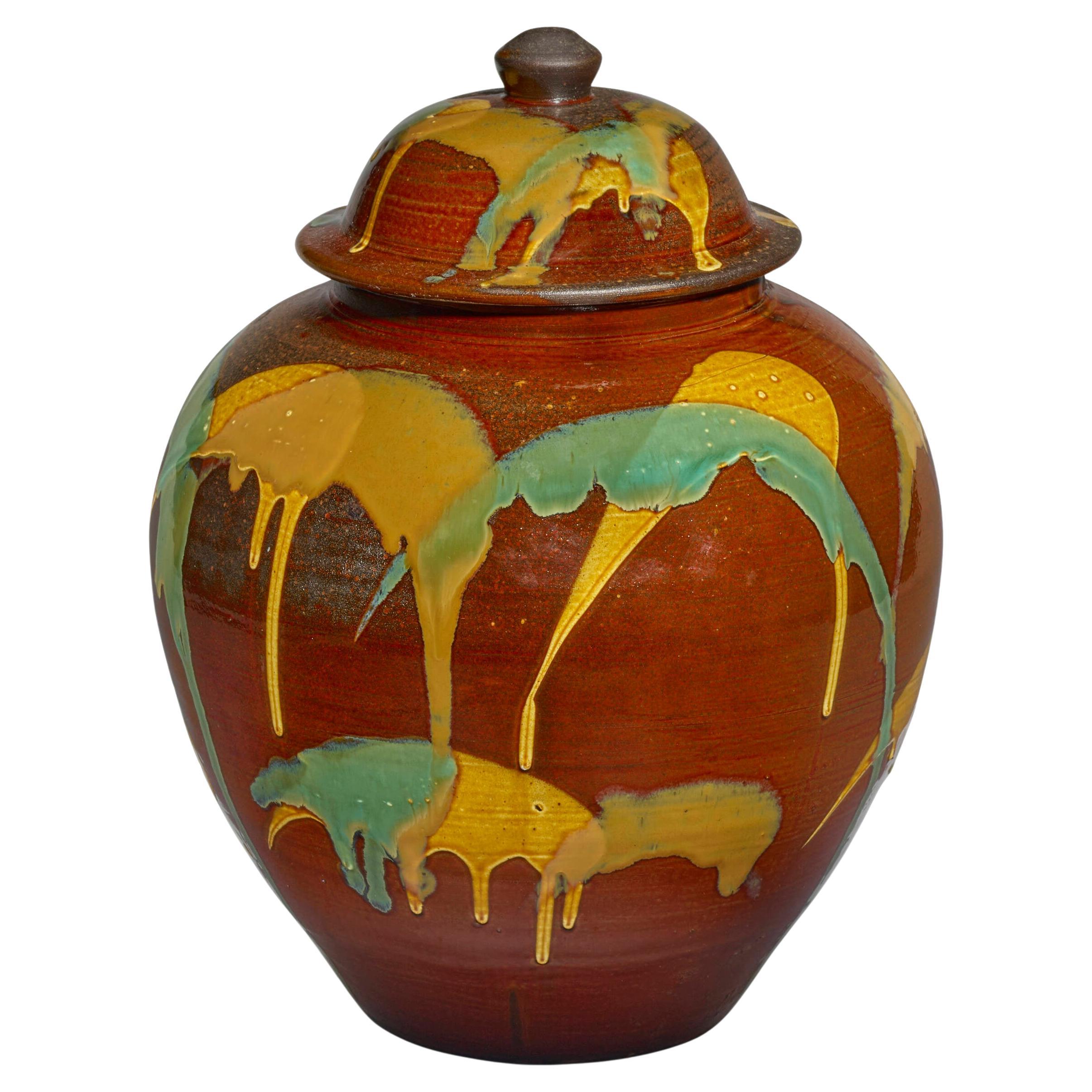 Japanese Ceramic Jar with Expressive Glaze Onda Yaki