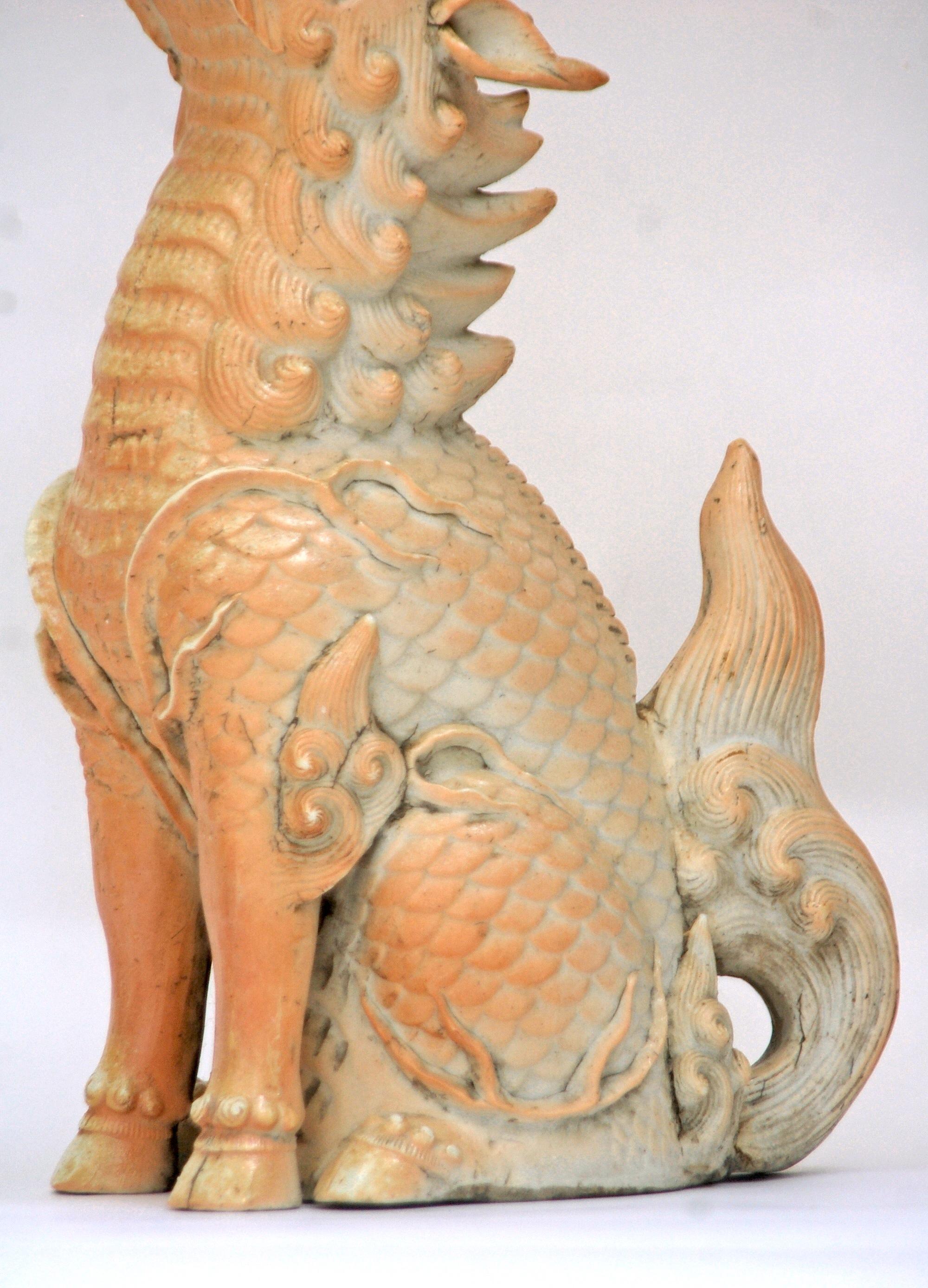 Large and stunning Japanese Kirin attributed to Hirado complete with Horn, hoof feet and dragon face. Beautiful colors and details make this magnificent mythological creature very dynamic even though he is sometimes mistaken as a foo dog. His face