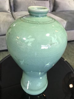 Korean Celadon Ceramic  Green Crackle Glazed Signed Stamped Vase with Cranes