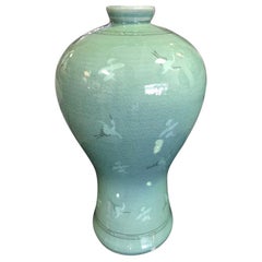 Korean Celadon Ceramic  Green Crackle Glazed Signed Stamped Vase with Cranes