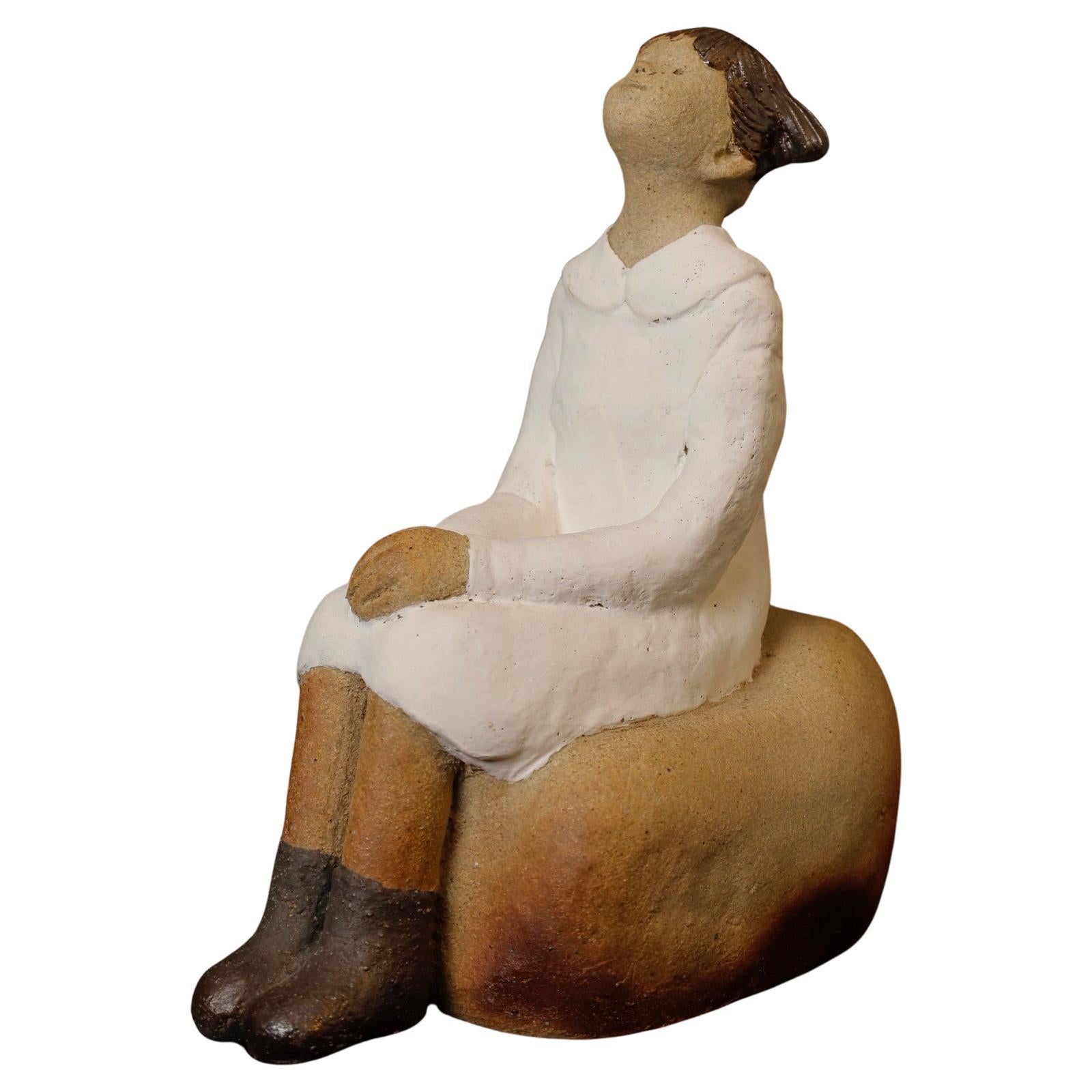 Japanese Ceramic Sculpture of a Girl, Signed Yamaguchi, Shōwa Period