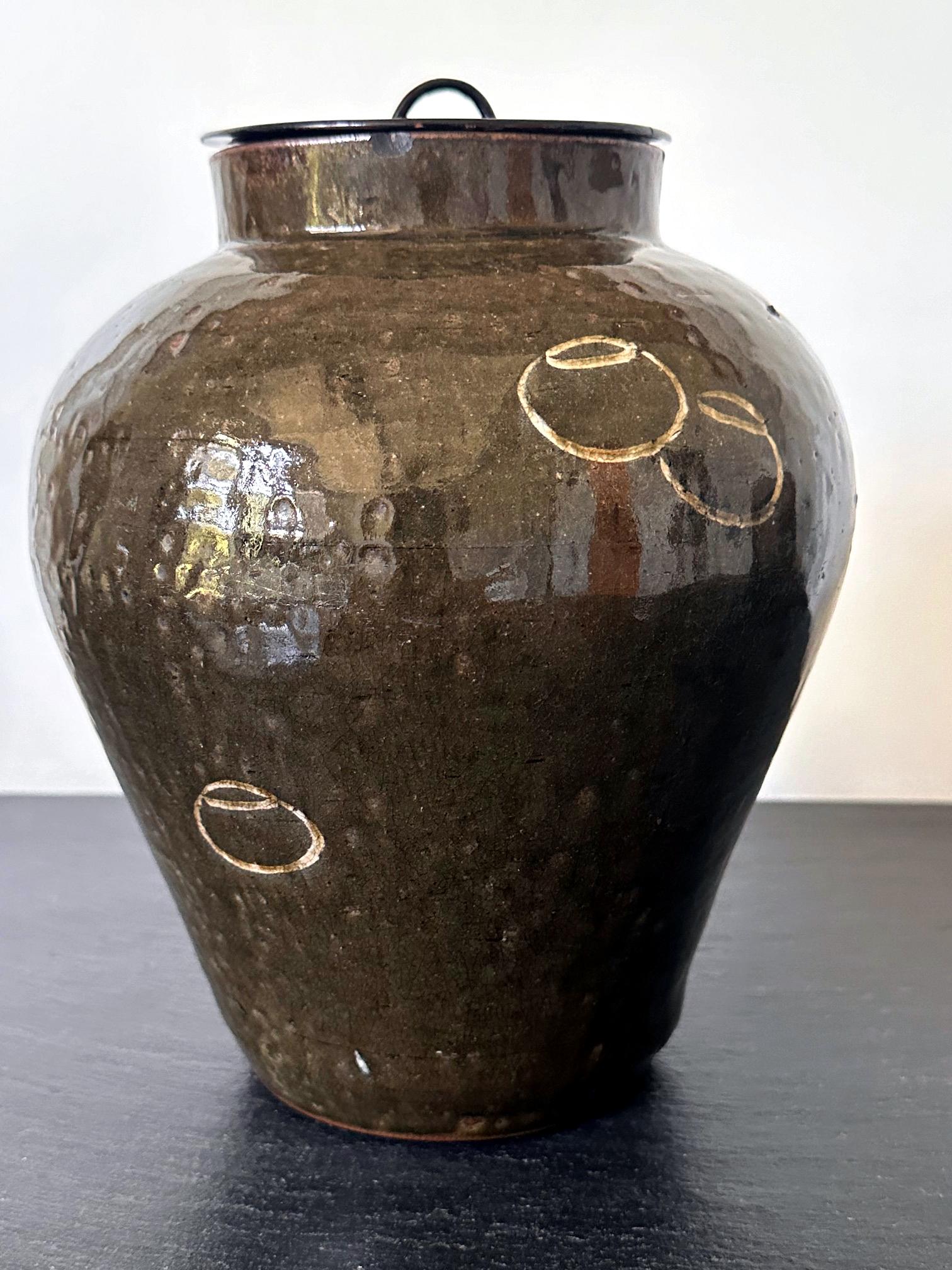 19th Century Japanese Ceramic Seto Tea Leaf Tsubo Jar Edo Period For Sale
