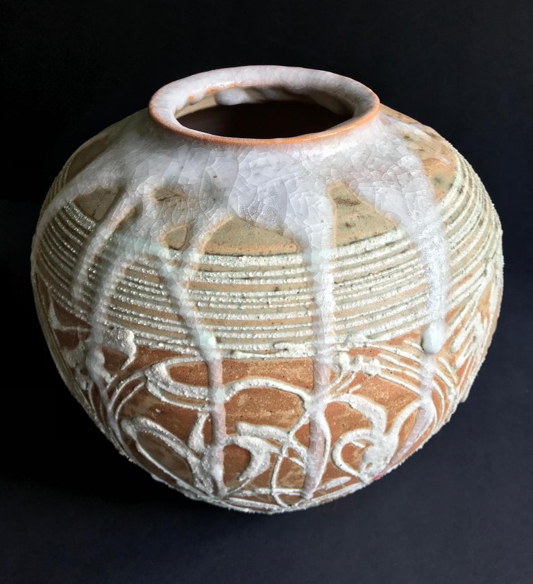 JAPANESE CERAMIC POT, possibly MASHIKO with dripped crackle glaze 1970s