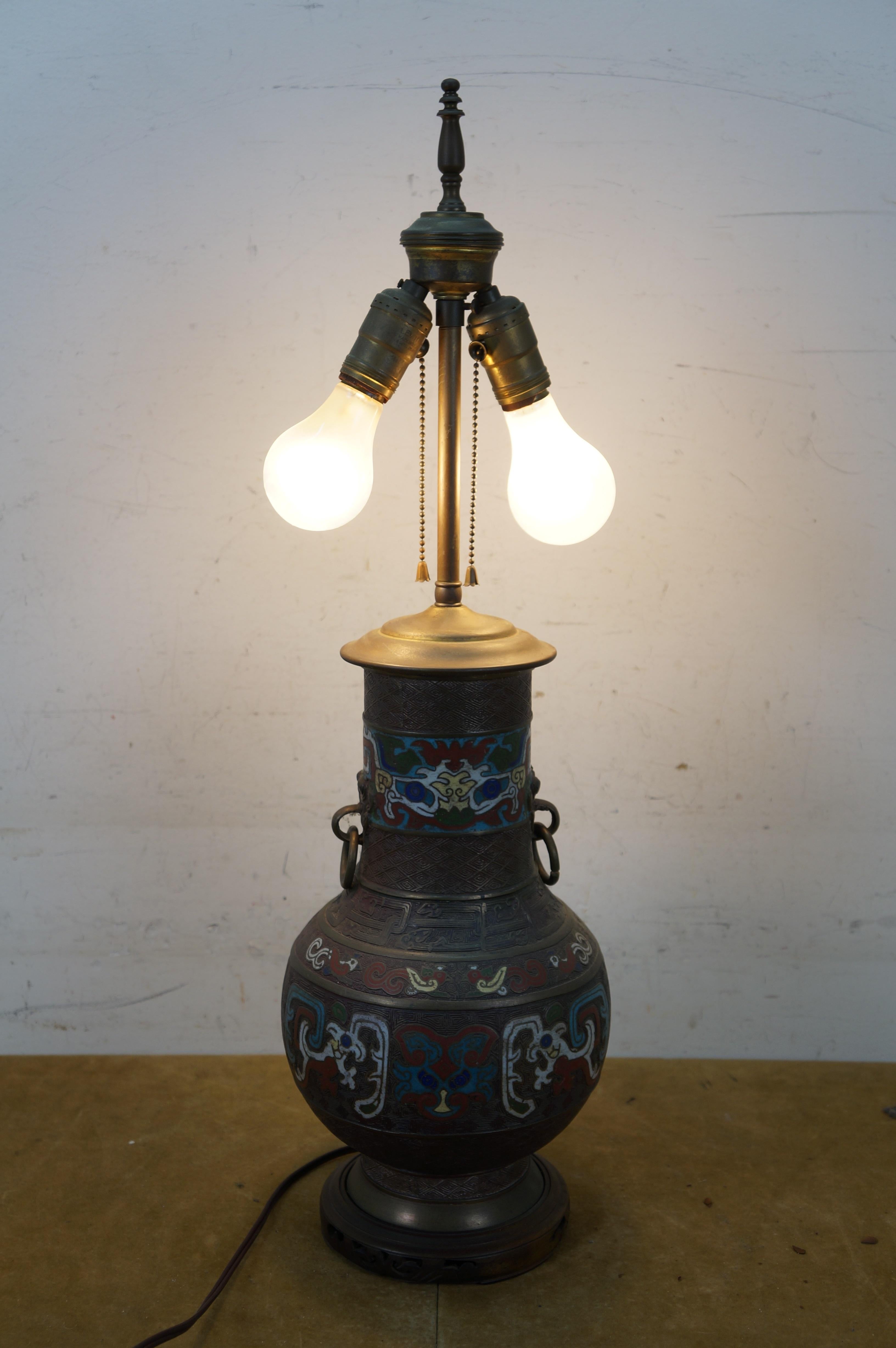Japanese Champleve Bronze Cloisonne Enameled Mantel Vase Urn Table Lamp 26