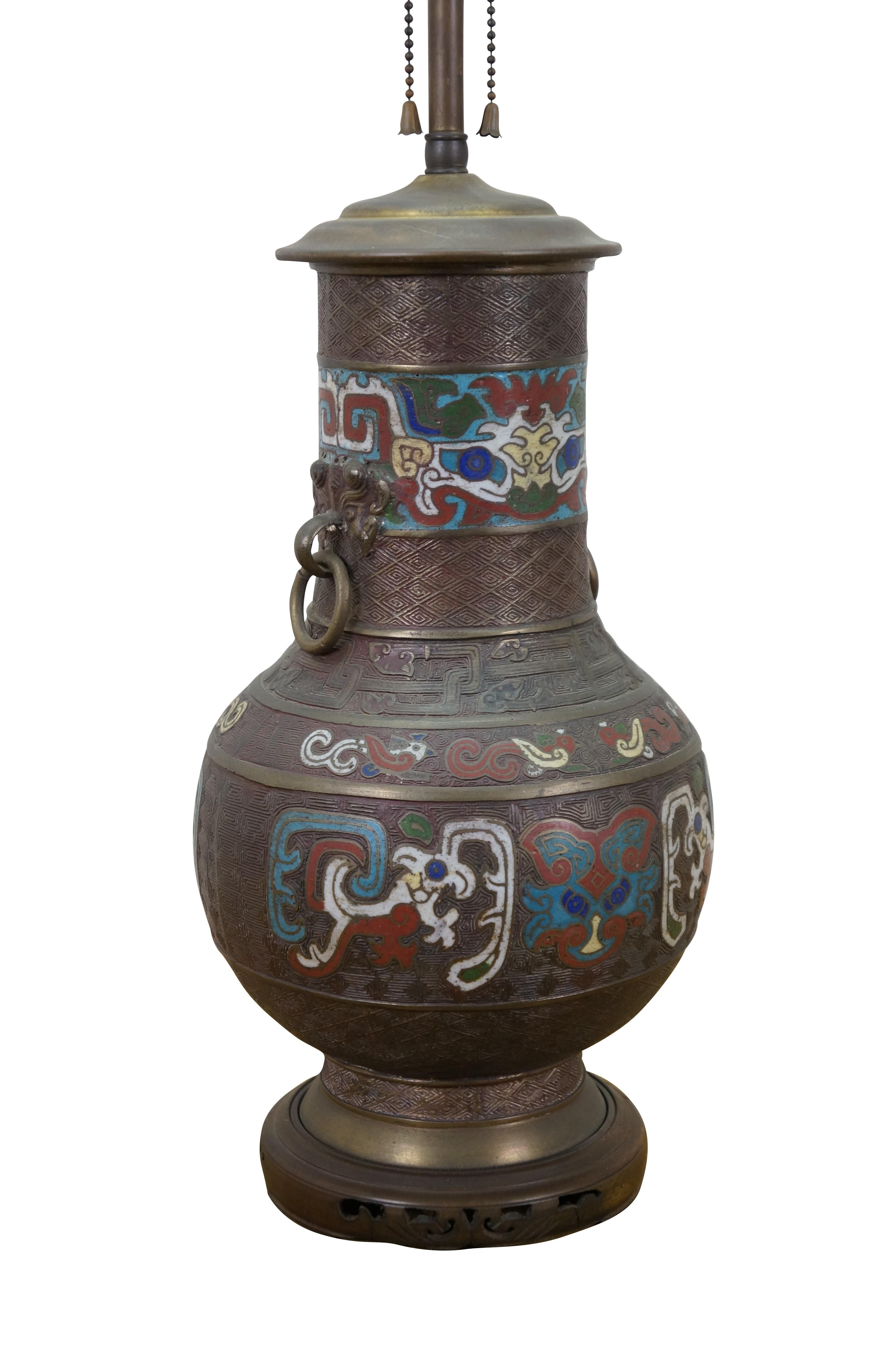 Chinoiserie Japanese Champleve Bronze Cloisonne Enameled Mantel Vase Urn Table Lamp 26