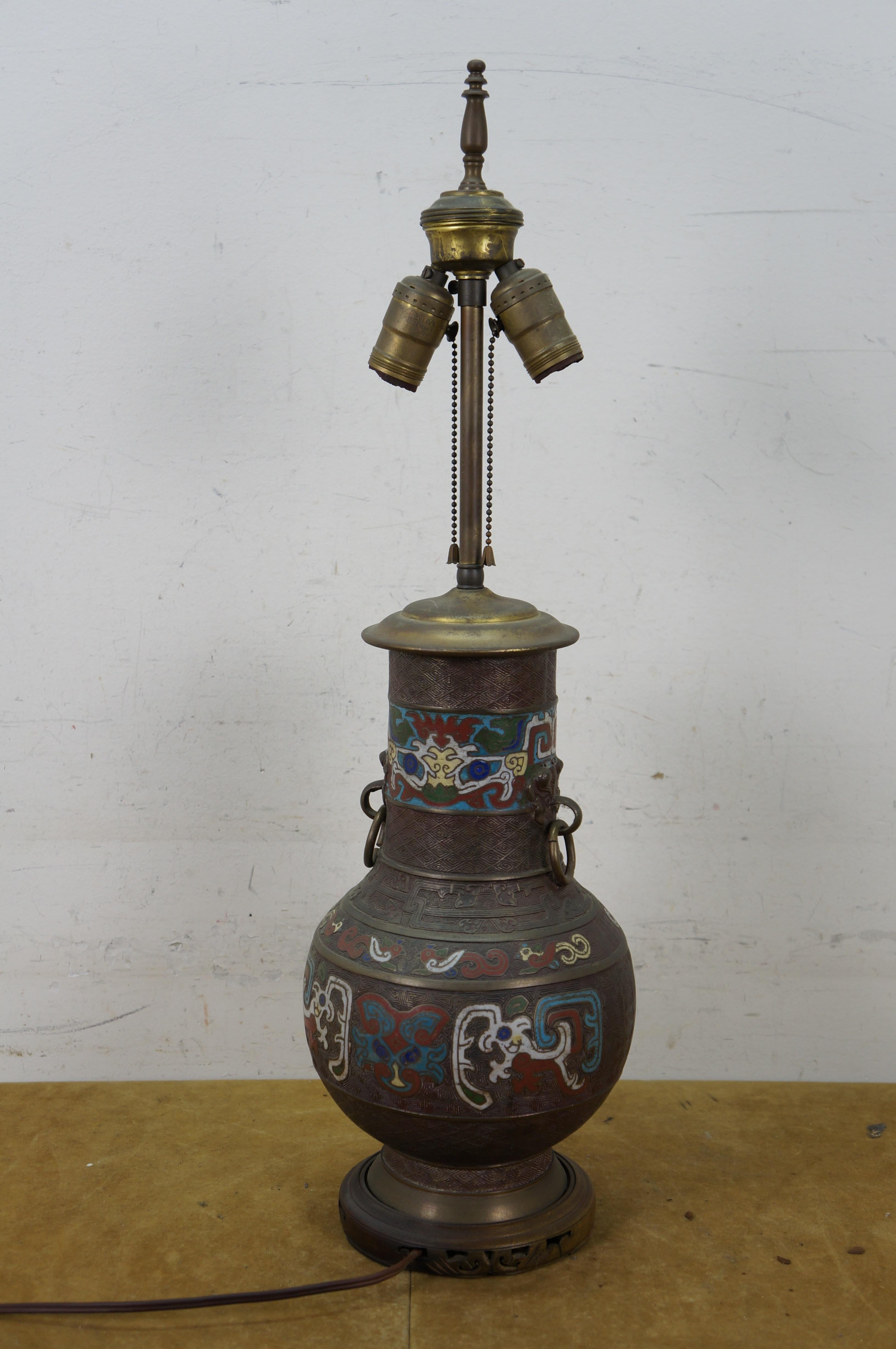 Champlevé Japanese Champleve Bronze Cloisonne Enameled Mantel Vase Urn Table Lamp 26