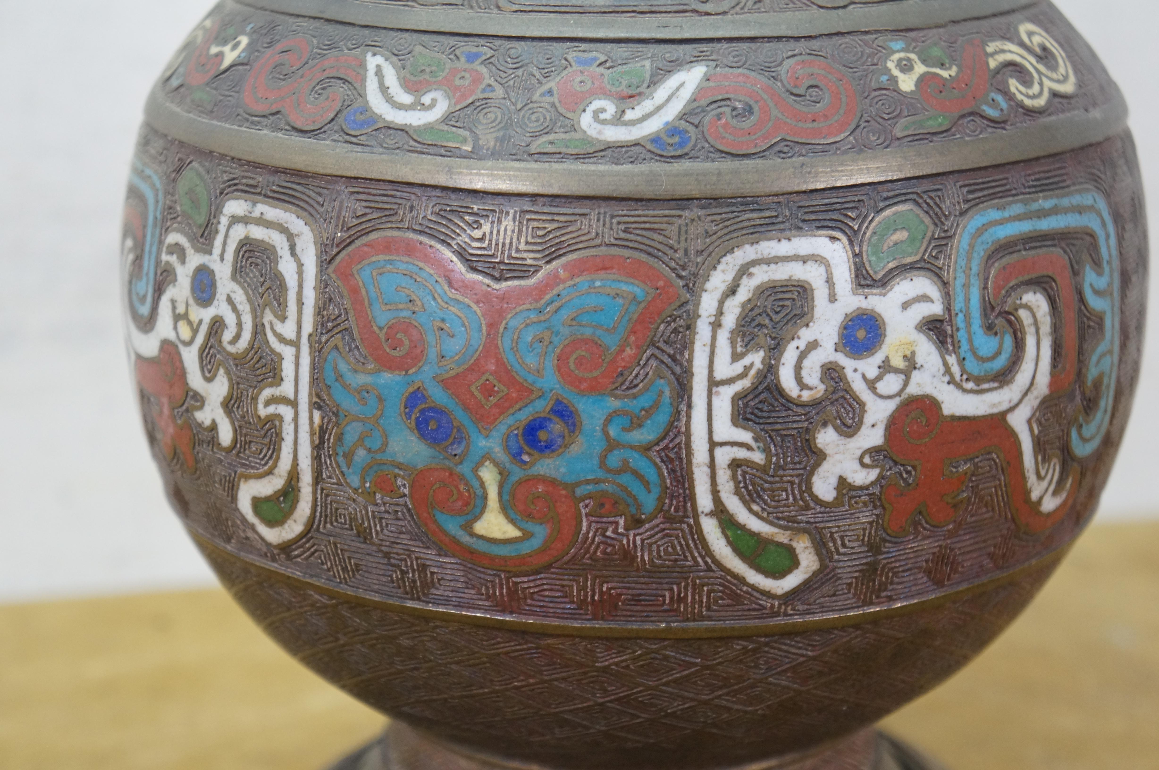 Japanese Champleve Bronze Cloisonne Enameled Mantel Vase Urn Table Lamp 26