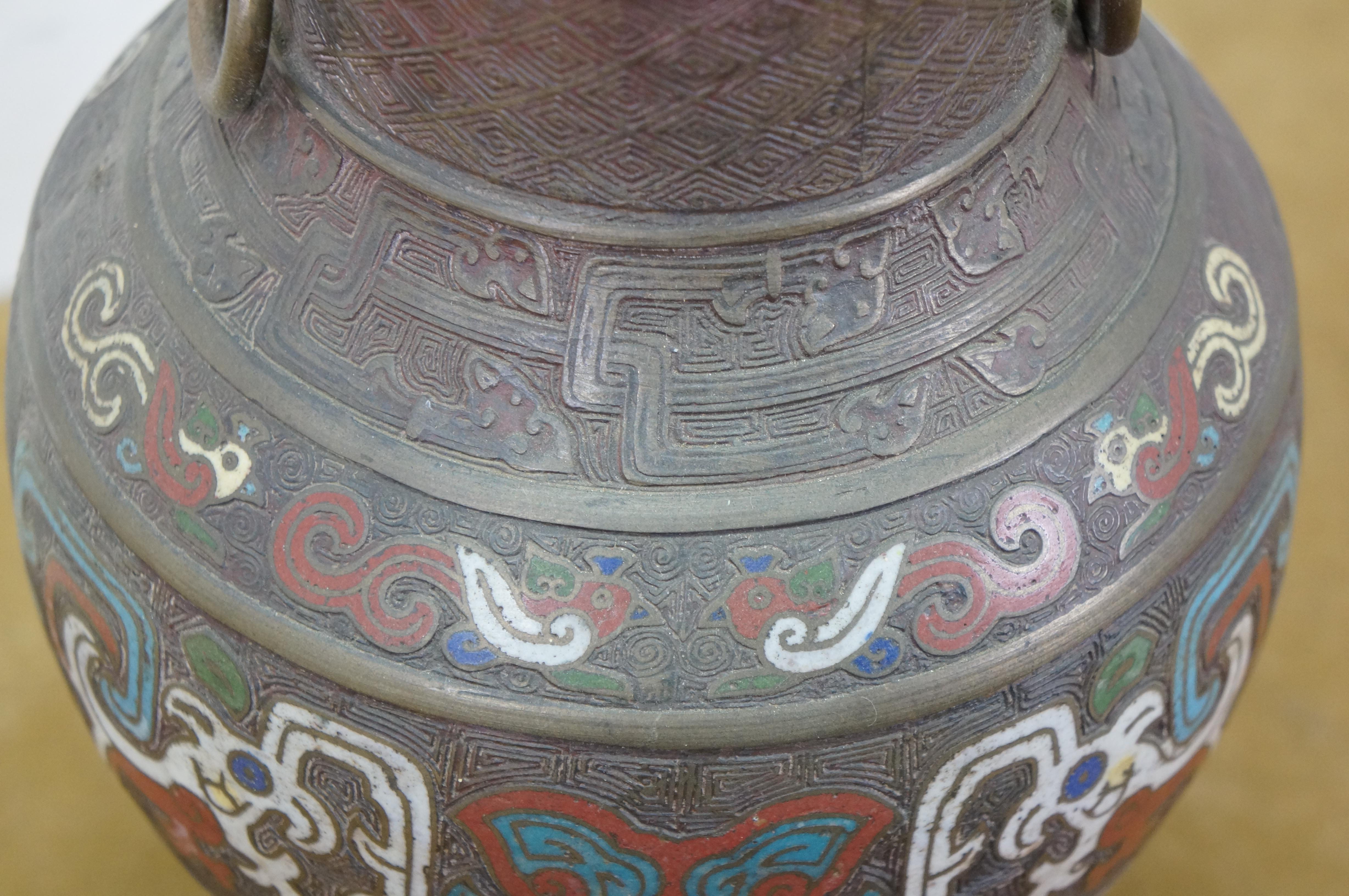 20th Century Japanese Champleve Bronze Cloisonne Enameled Mantel Vase Urn Table Lamp 26
