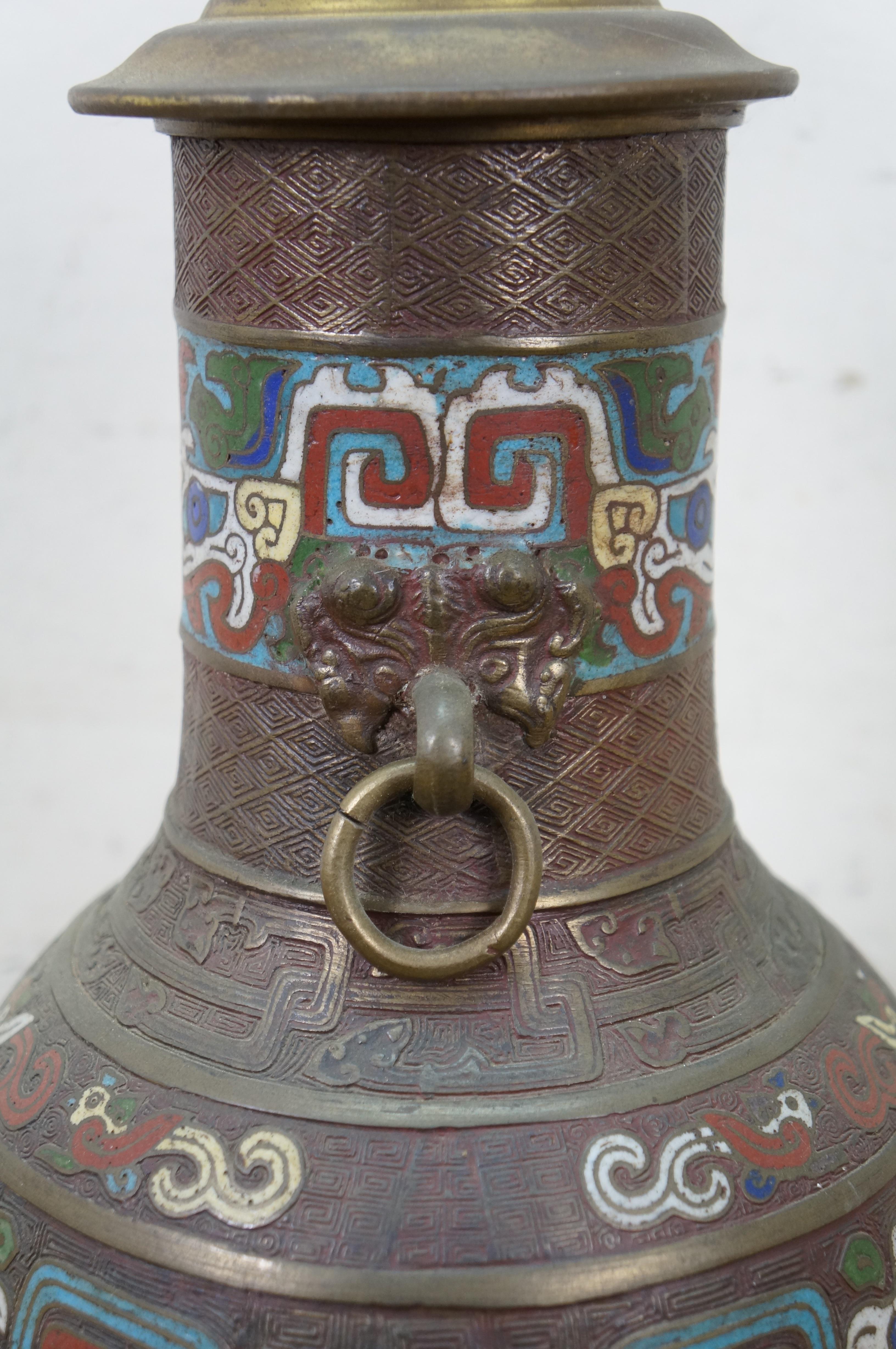 Japanese Champleve Bronze Cloisonne Enameled Mantel Vase Urn Table Lamp 26
