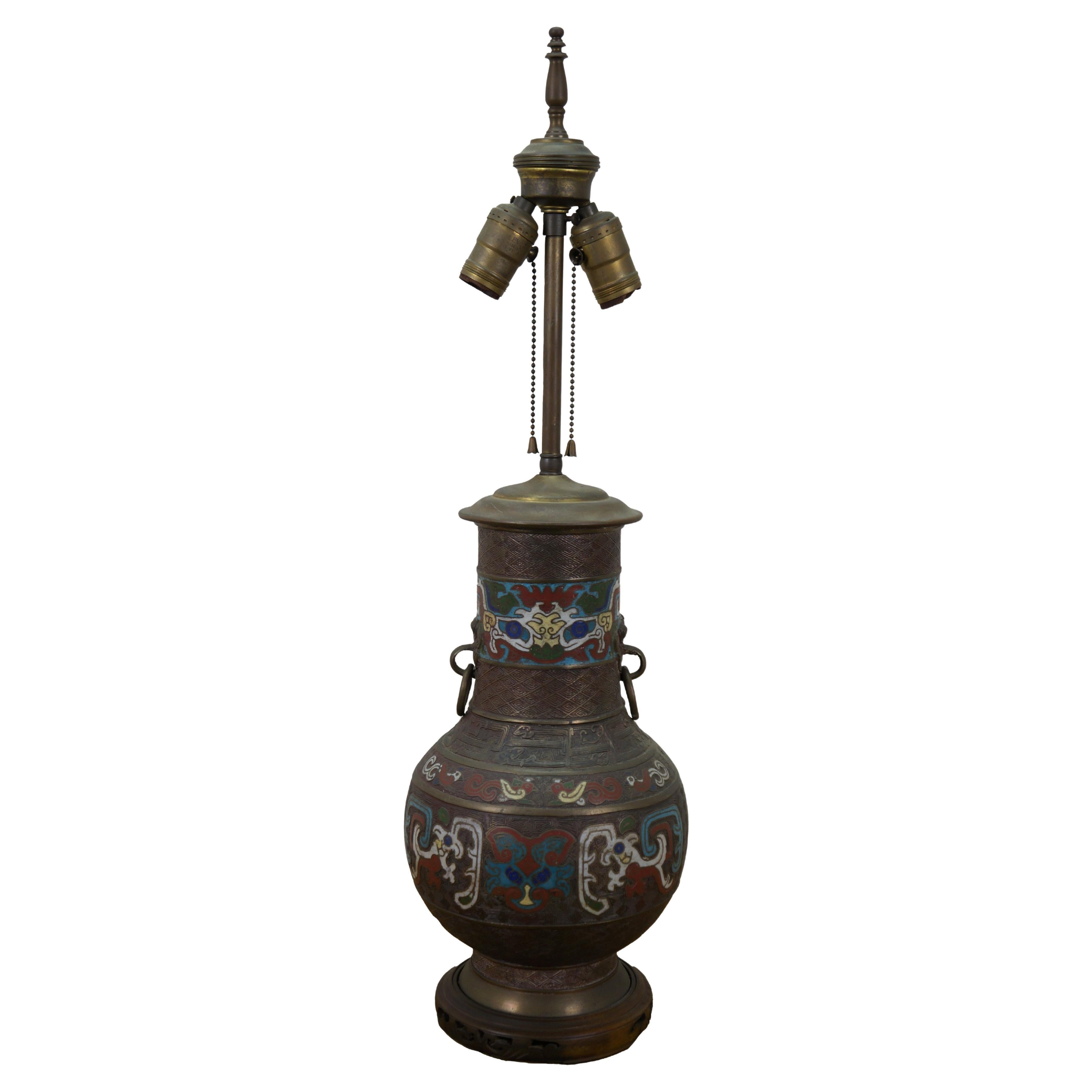 Japanese Champleve Bronze Cloisonne Enameled Mantel Vase Urn Table Lamp 26" For Sale
