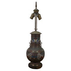Japanese Champleve Bronze Cloisonne Enameled Mantel Vase Urn Table Lamp 26"