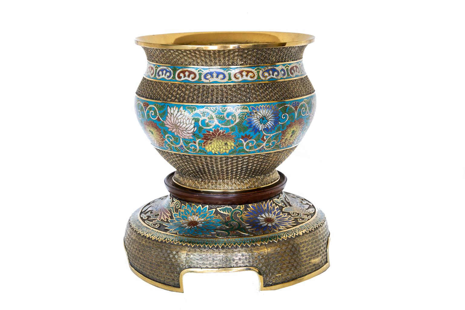 19th Century Japanese Champleve' Jardinière on Base For Sale