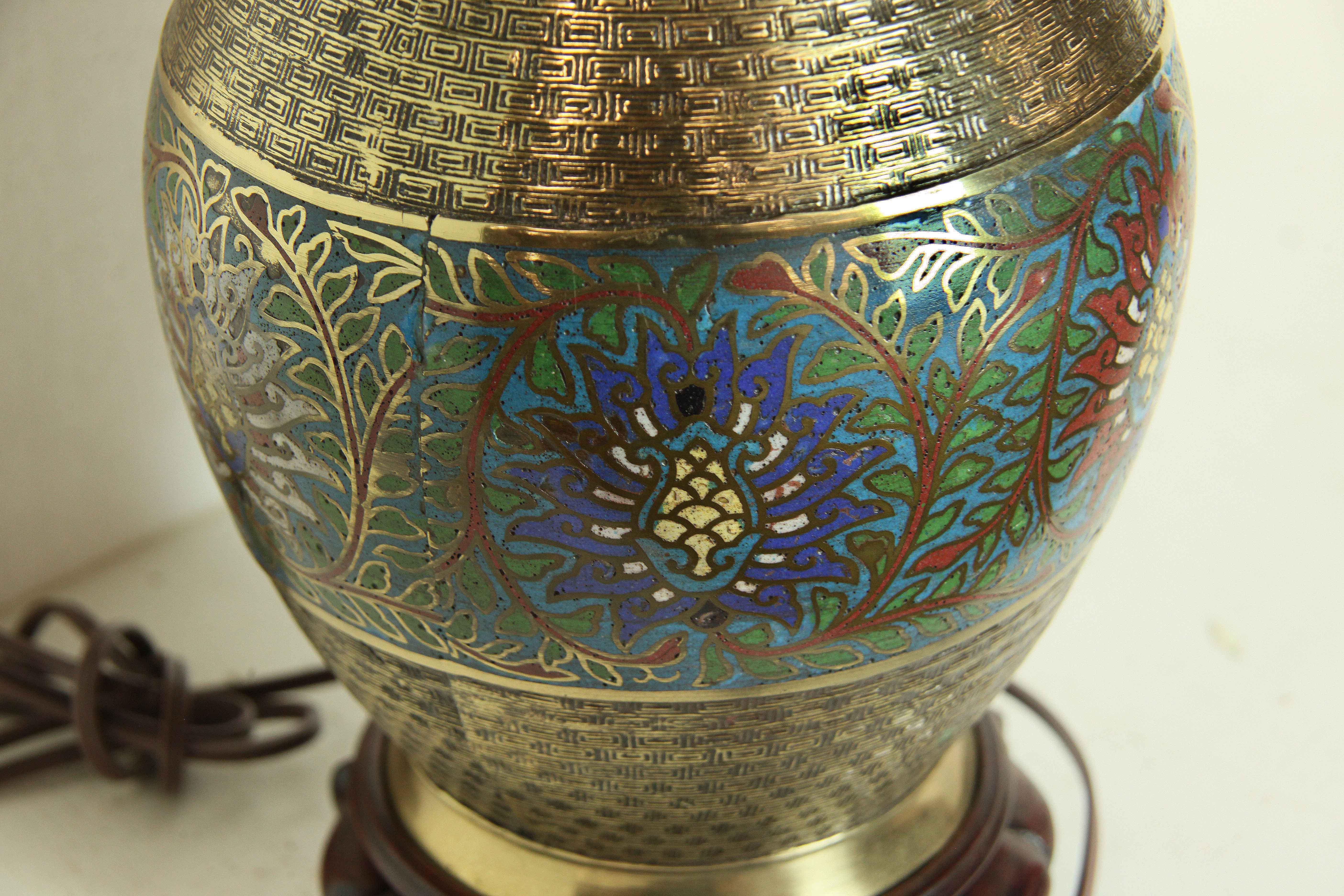Brass Japanese Champleve Vase Lamp For Sale