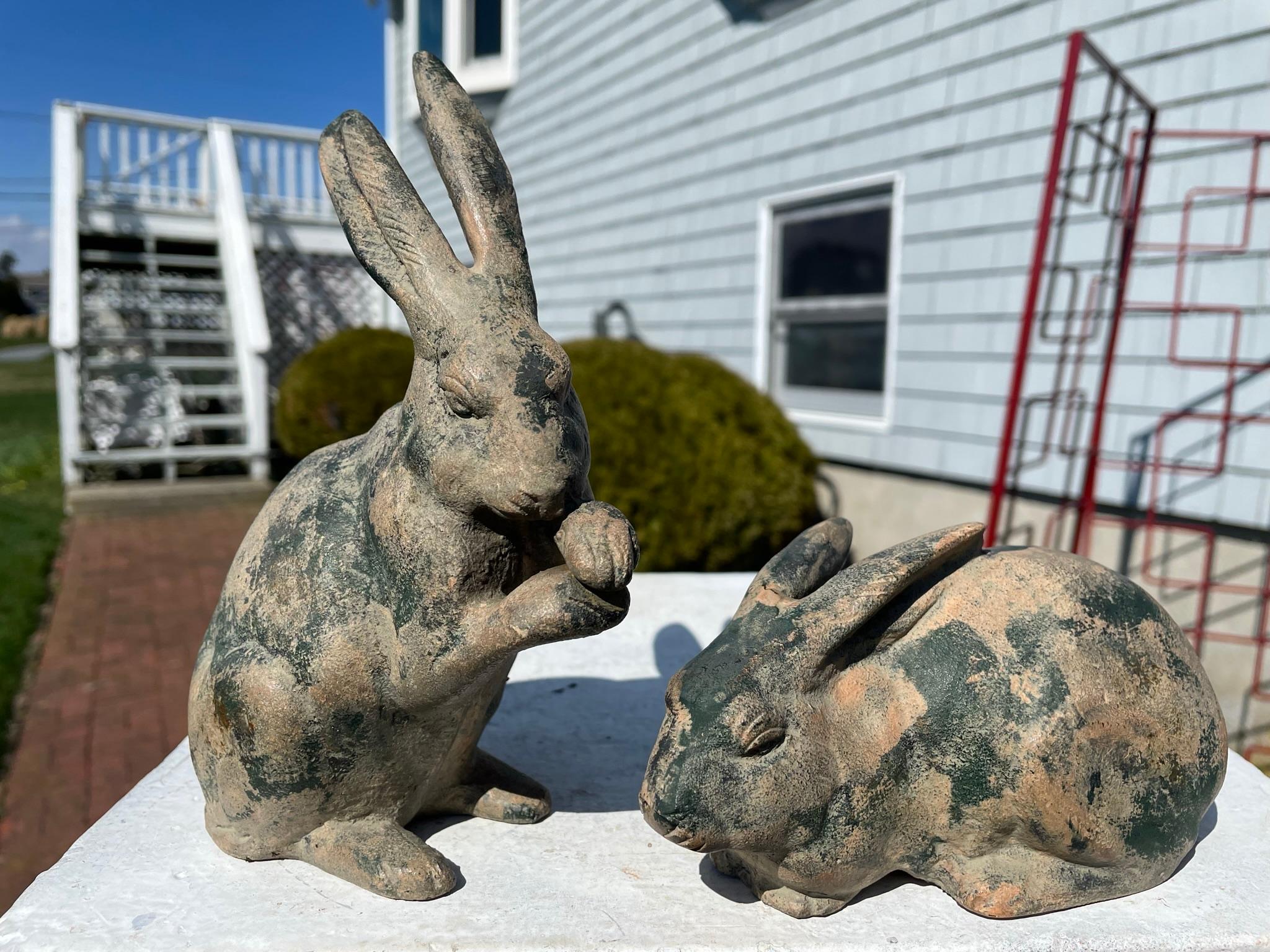 Showa Japanese Charming Old Pair Camouflaged Garden Rabbits