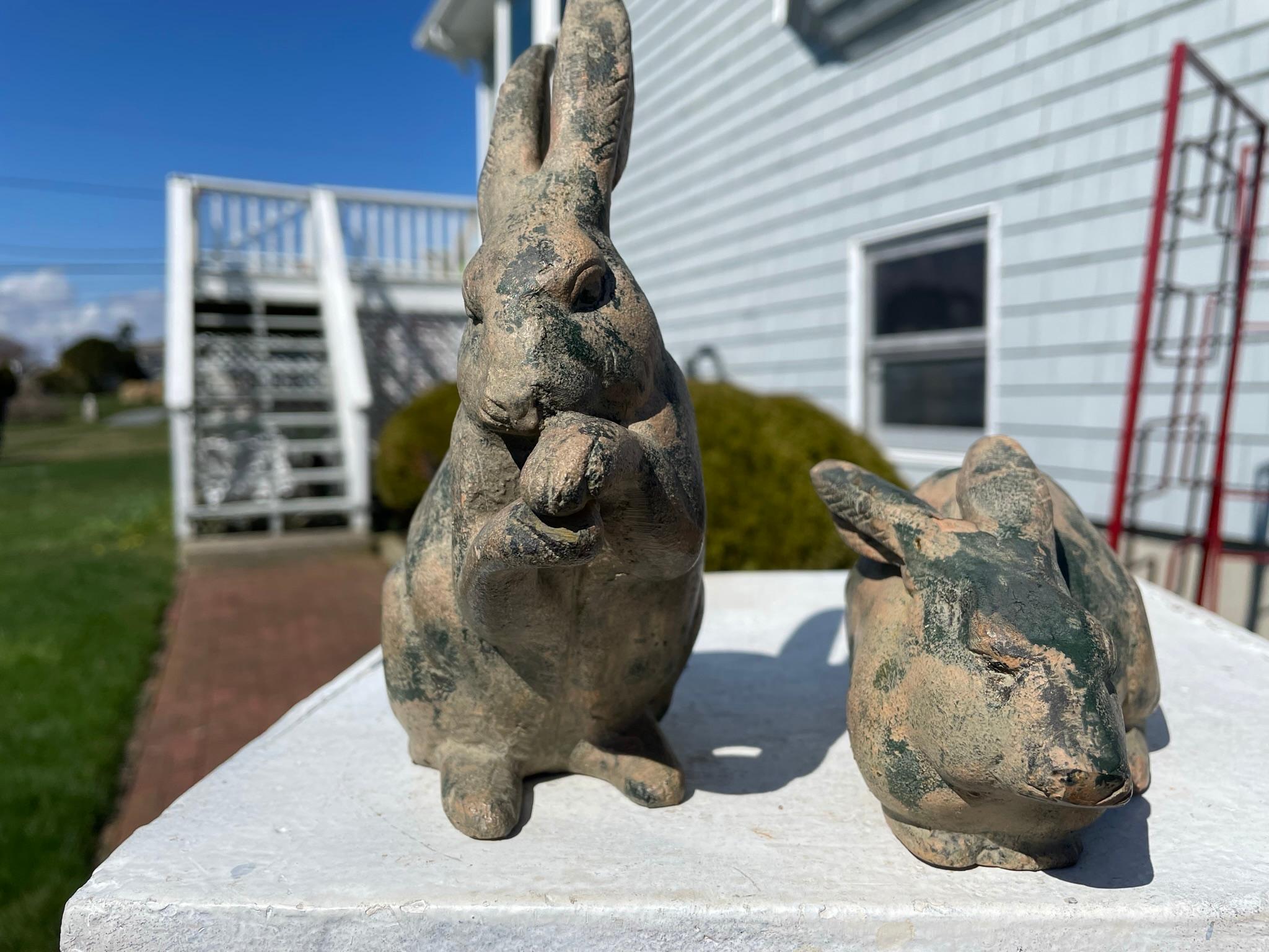 Japanese Charming Old Pair Camouflaged Garden Rabbits In Good Condition In South Burlington, VT