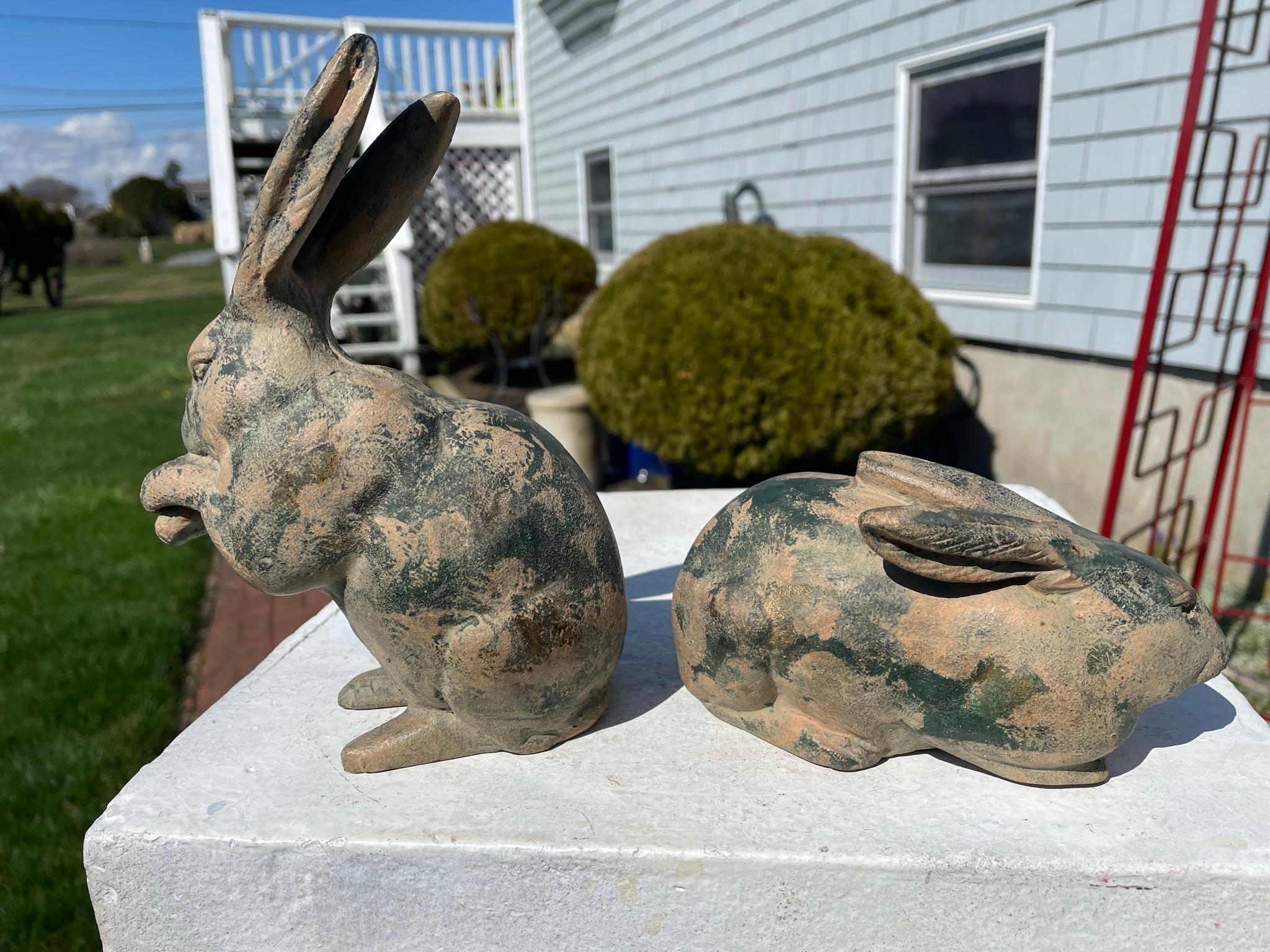 20th Century Japanese Charming Old Pair Camouflaged Garden Rabbits