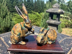 Japanese Charming Old Pair Gilt Garden Rabbits, Signed Japan