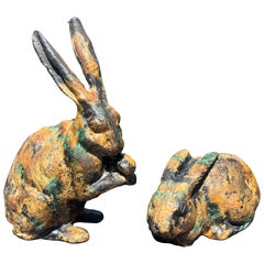 Japanese Charming Old Pair Gilt Garden Rabbits, Signed Japan