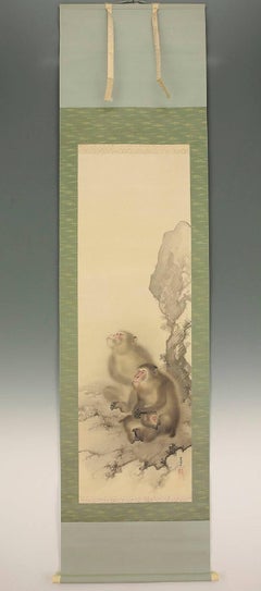 Japanese Charming Scroll Three Monkey Family Hand Painting on Silk