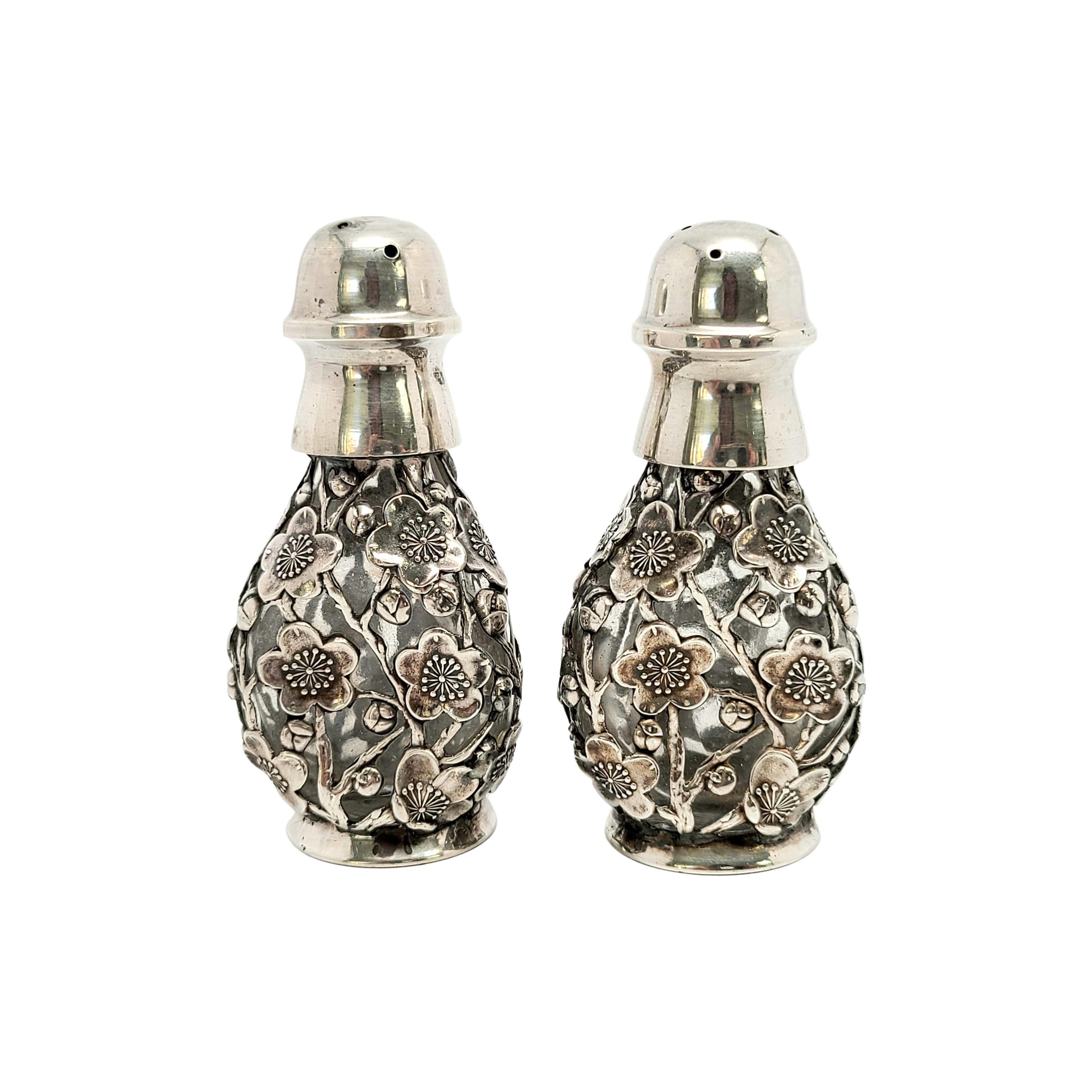 Japanese Cherry Blossom 950 Sterling Silver Over Glass Salt and Pepper Shakers In Good Condition In Washington Depot, CT